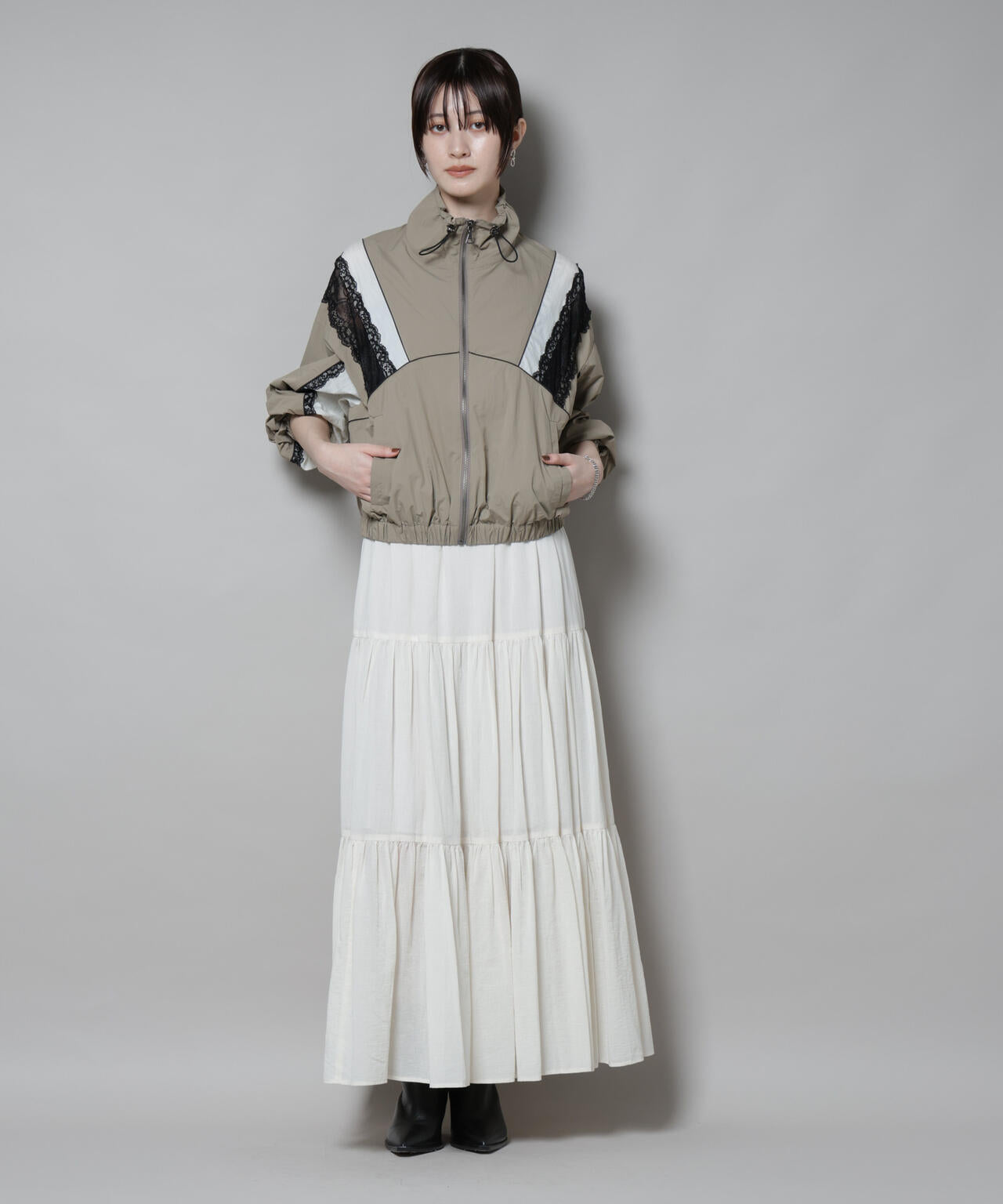 レース×ストライプ切替ナイロンブルゾン 6695212300