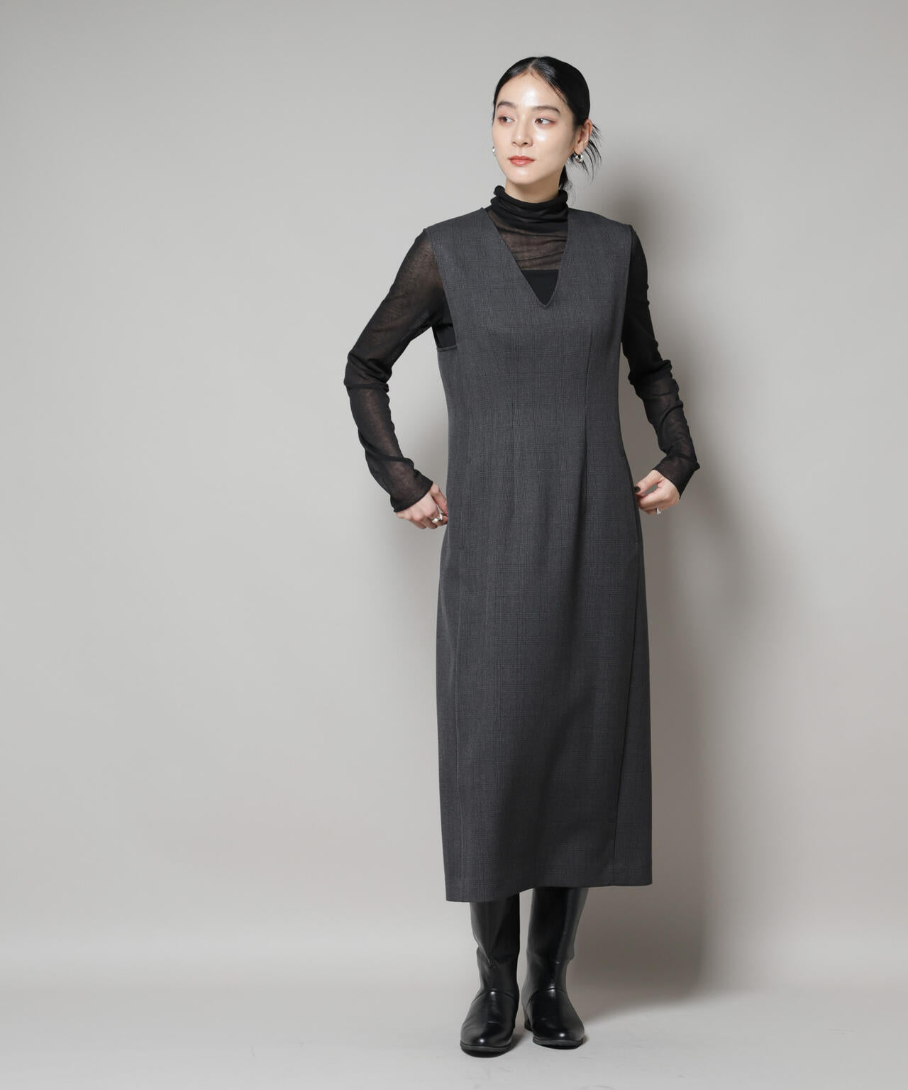 ストレッチサージチェックVネックワンピース(セットアップ可) 6695219301