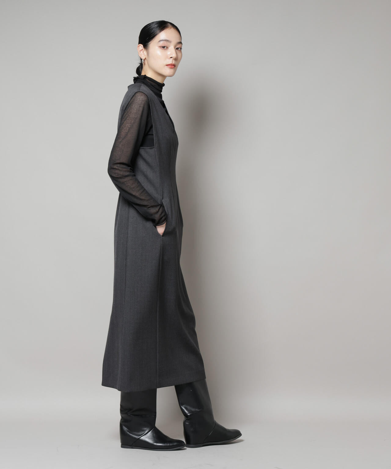 ストレッチサージチェックVネックワンピース(セットアップ可) 6695219301