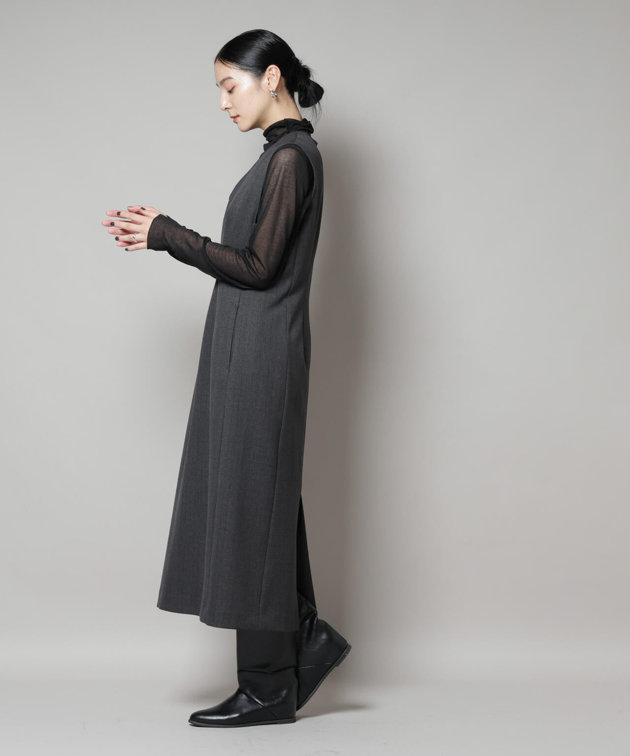 ストレッチサージチェックVネックワンピース(セットアップ可) 6695219301