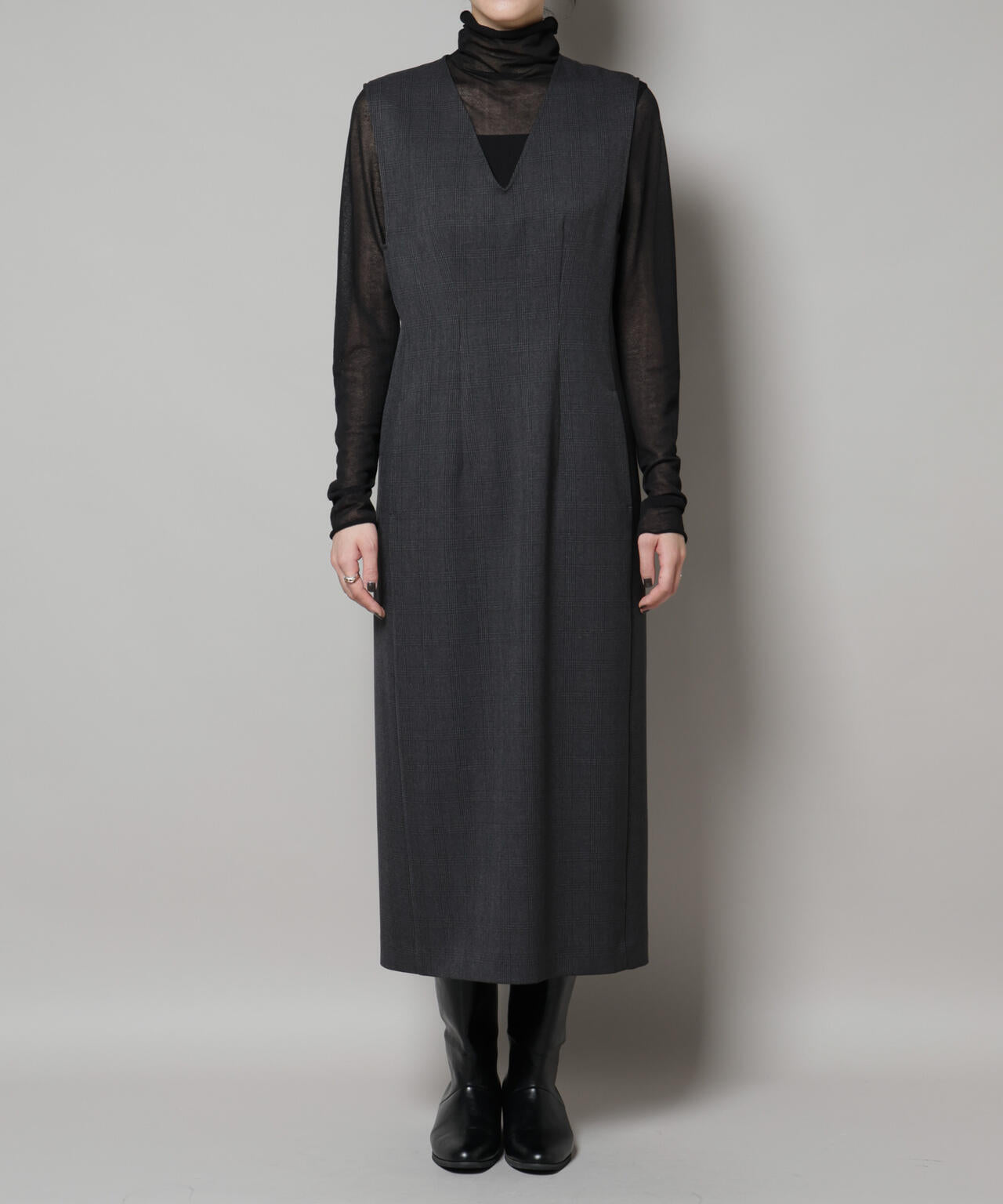 ストレッチサージチェックVネックワンピース(セットアップ可) 6695219301