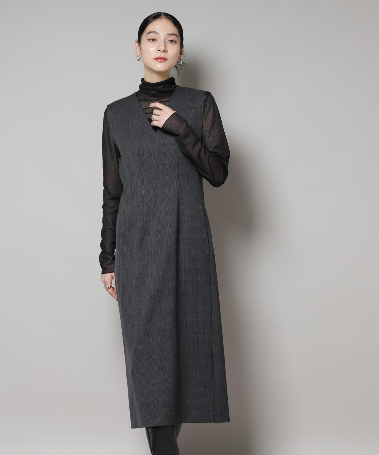 ストレッチサージチェックVネックワンピース(セットアップ可) 6695219301