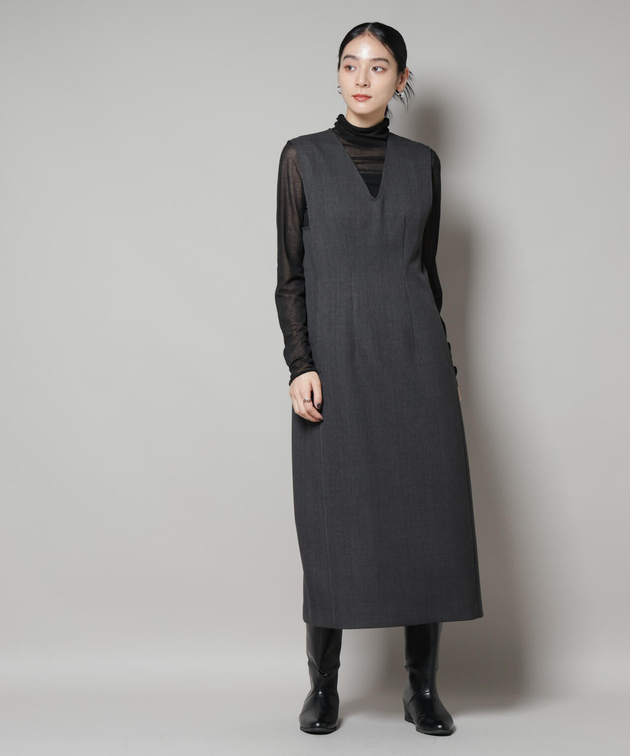 ストレッチサージチェックVネックワンピース(セットアップ可) 6695219301