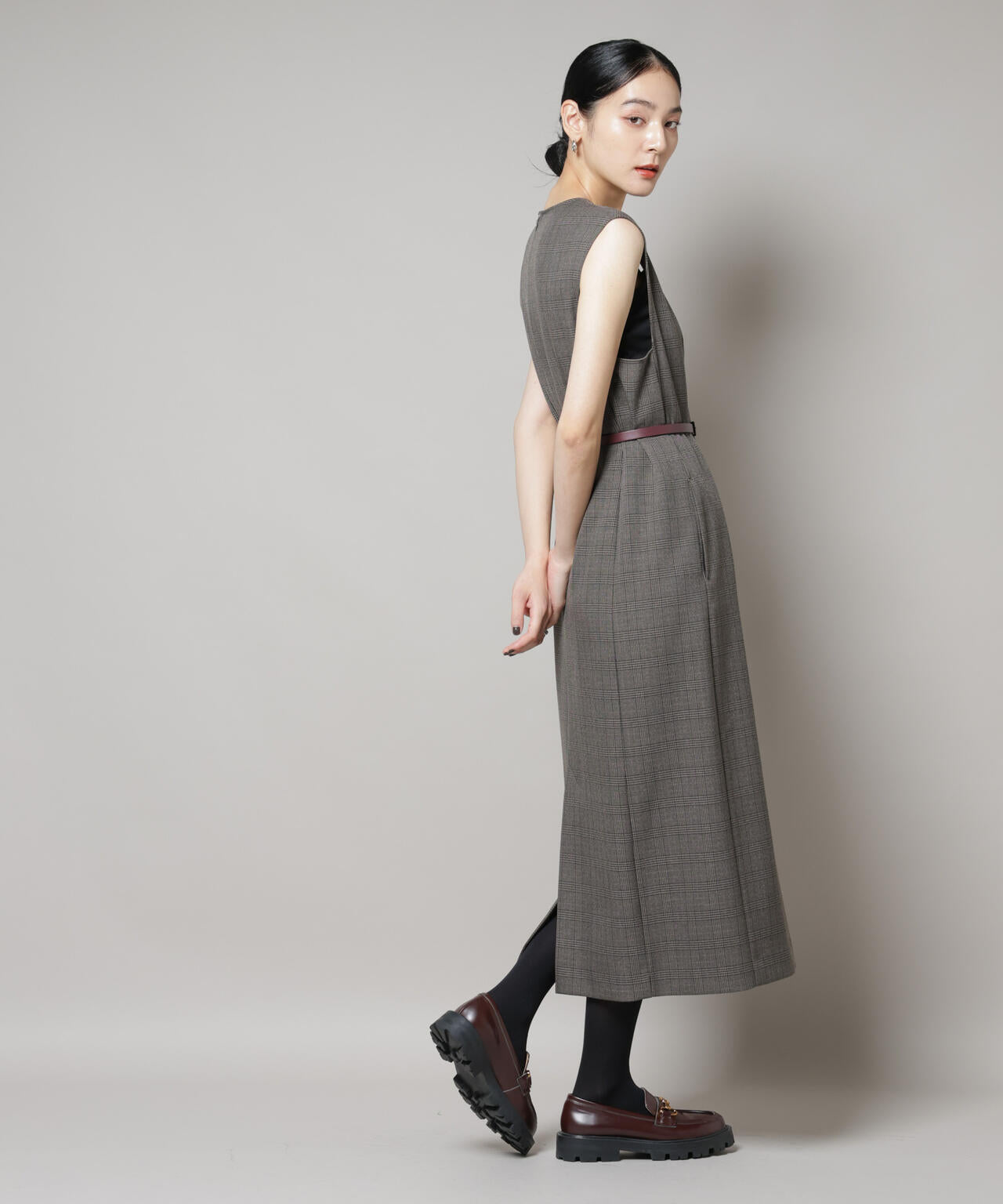 ストレッチサージチェックVネックワンピース(セットアップ可) 6695219301