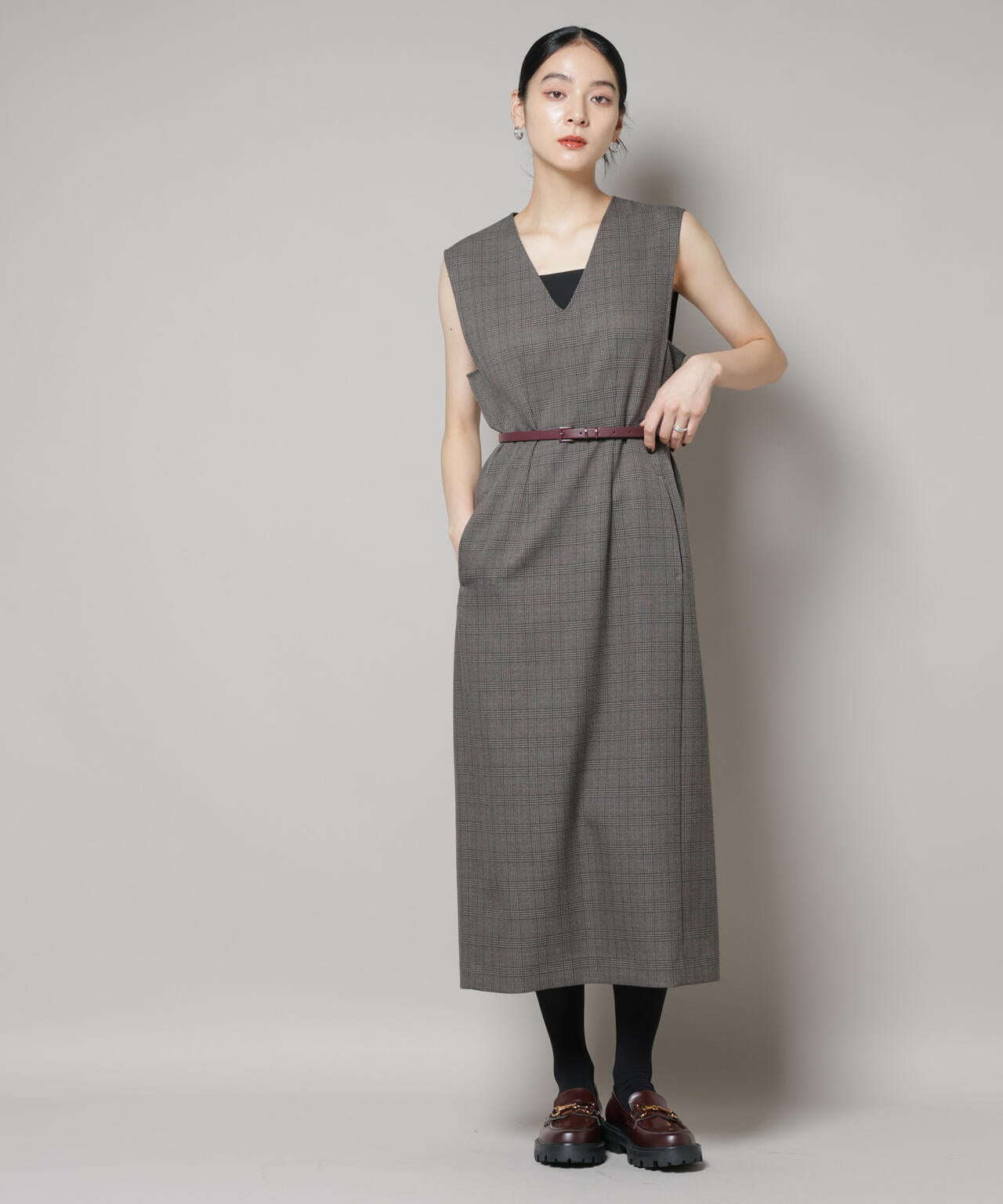 ストレッチサージチェックVネックワンピース(セットアップ可) 6695219301