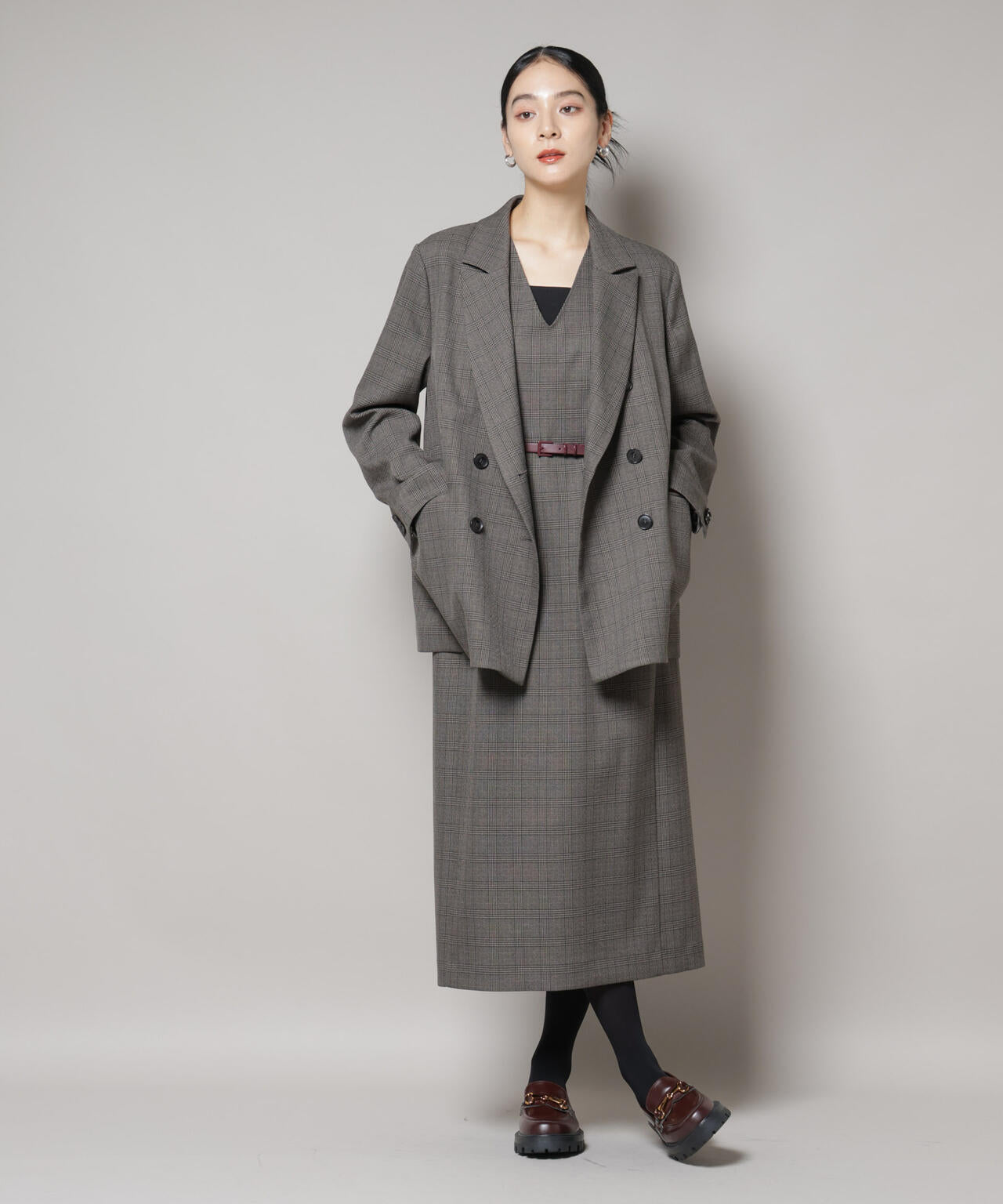 ストレッチサージチェックVネックワンピース(セットアップ可) 6695219301