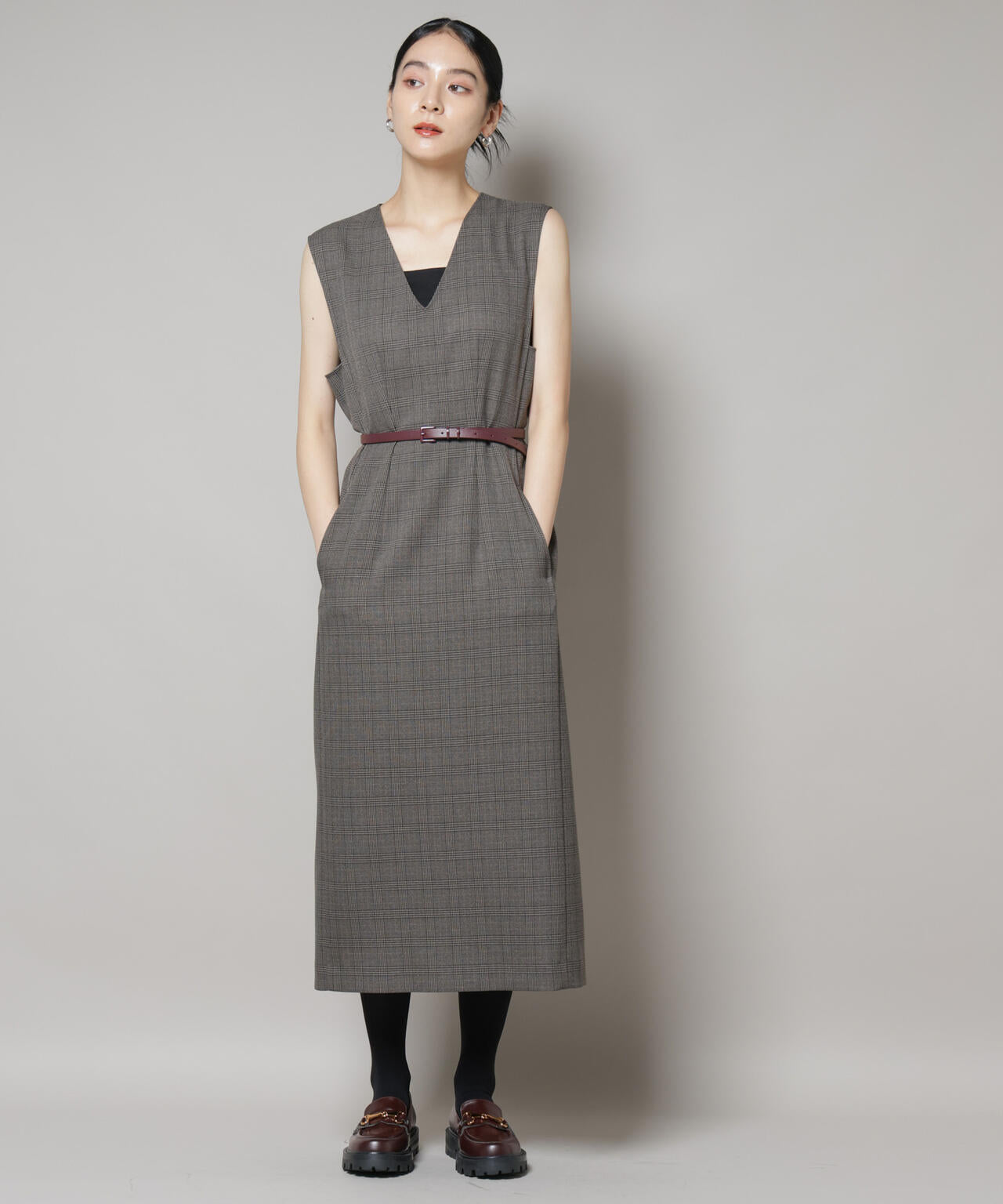 ストレッチサージチェックVネックワンピース(セットアップ可) 6695219301