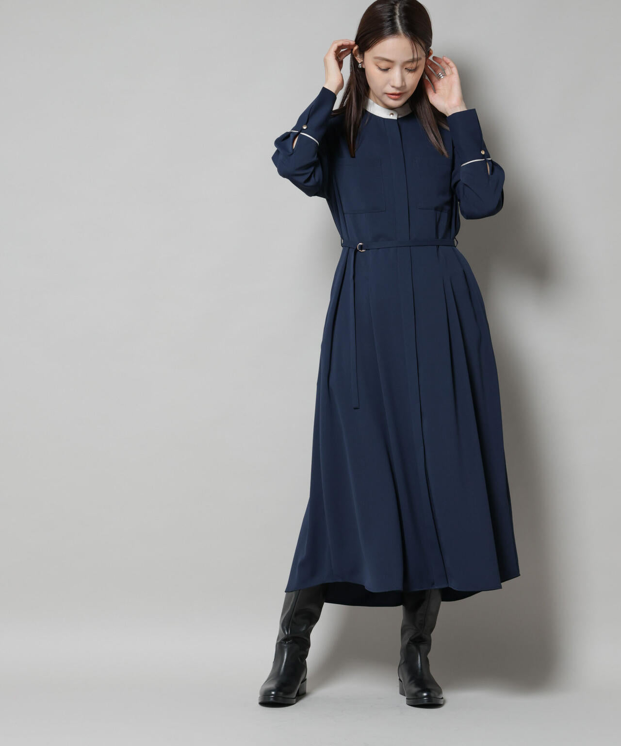 スタンドバイカラーベルト付きワンピース 6695219303