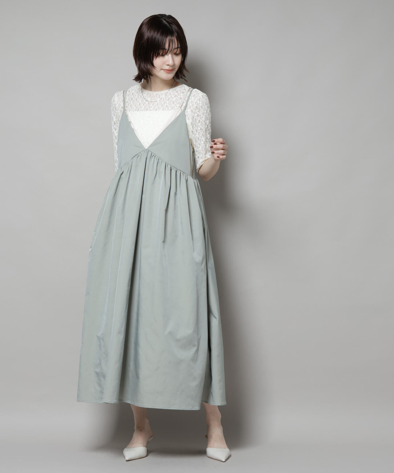 シャンブレータフタ キャミ レイヤード ワンピース