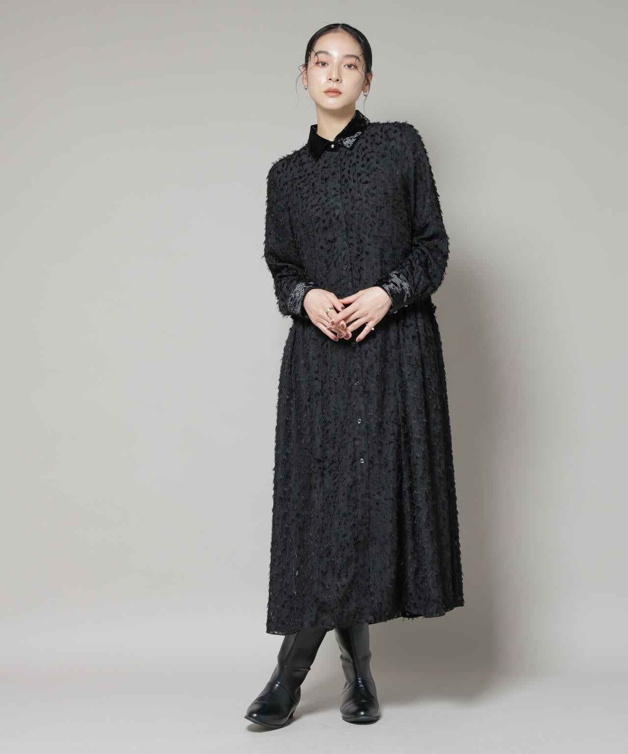 フリンジ ジャガード ナロー シャツワンピース