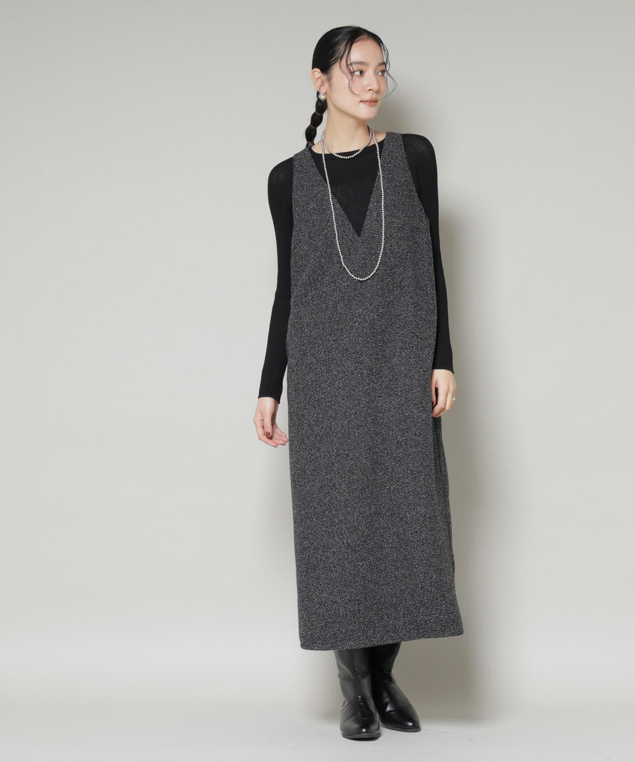 ツイード Iライン ワンピース × シアー リブニット セット