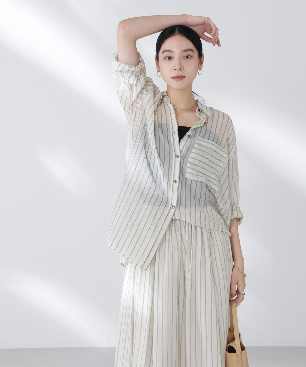 シアーストライプオーバーサイズロングシャツ(セットアップ可) 6695220300