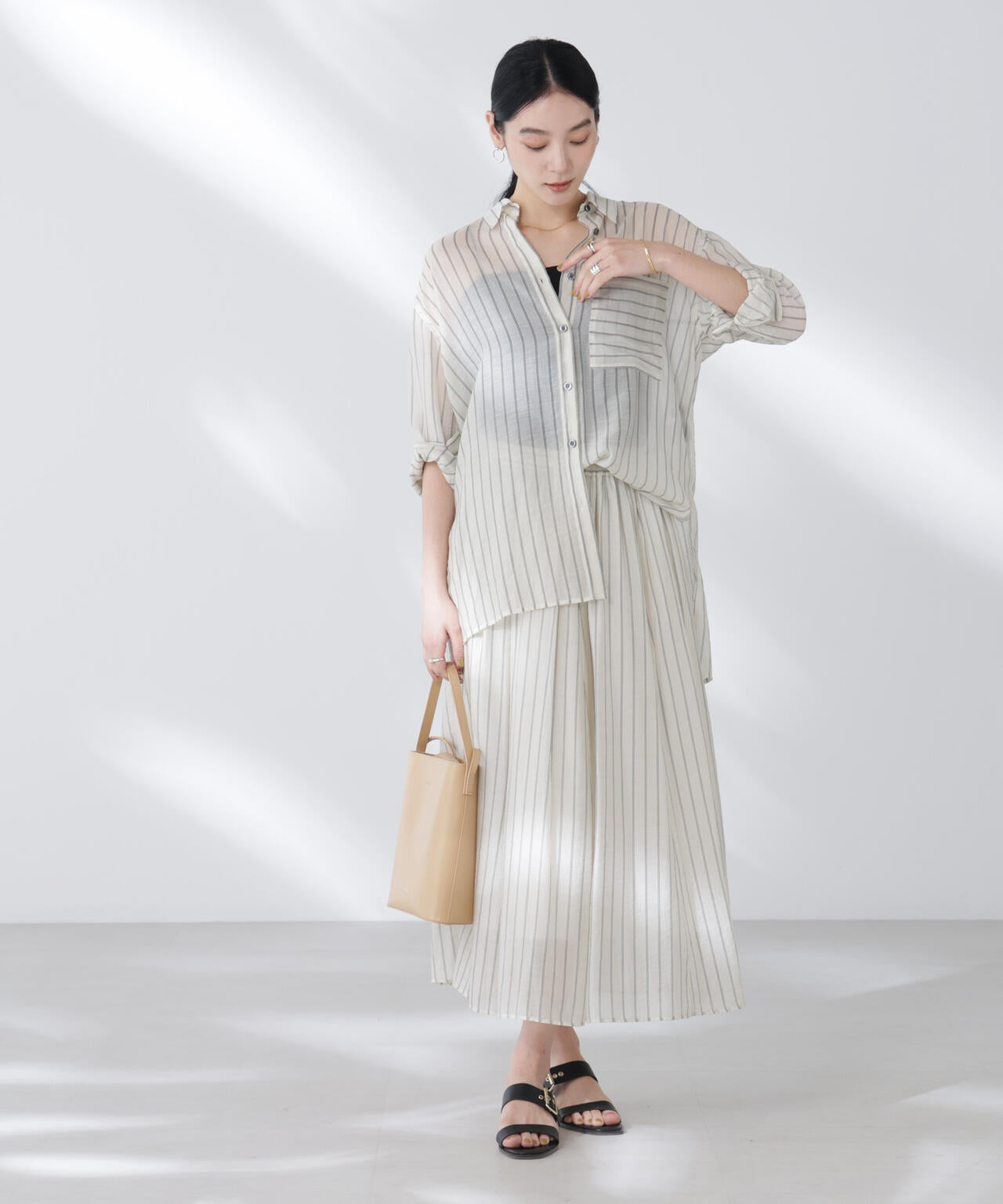 シアーストライプオーバーサイズロングシャツ(セットアップ可) 6695220300