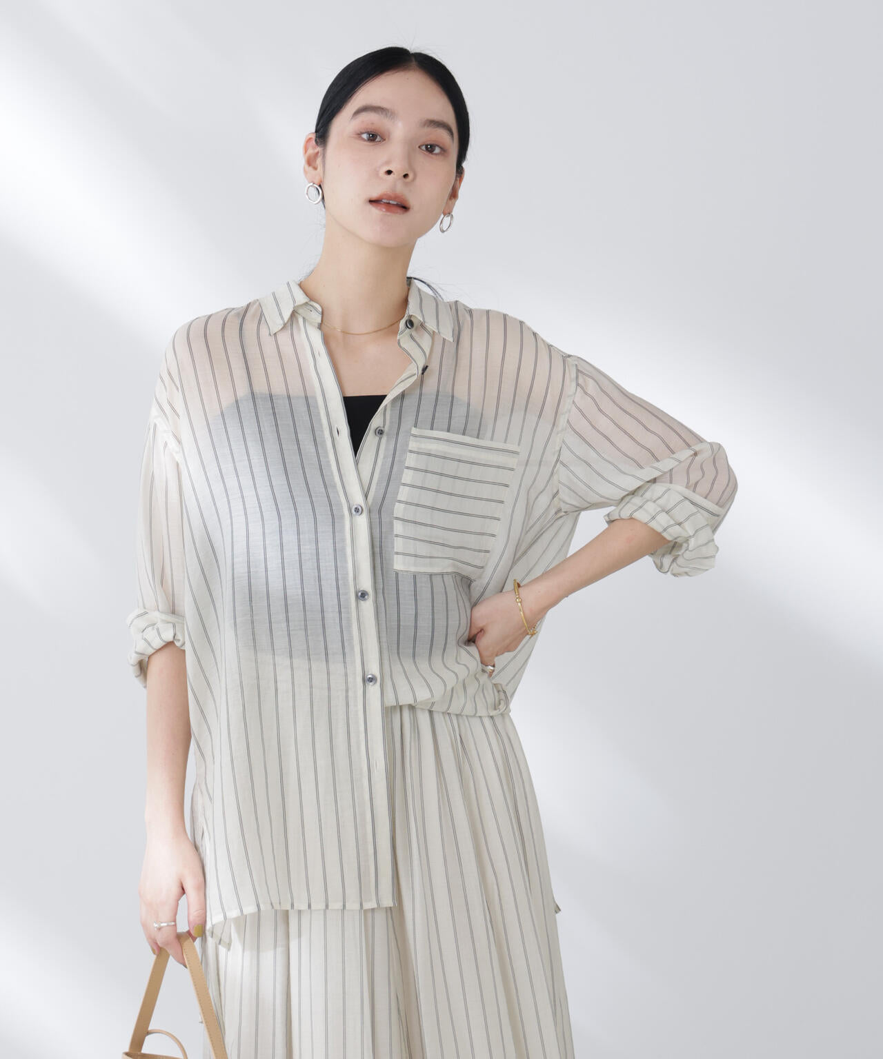 シアーストライプオーバーサイズロングシャツ(セットアップ可) 6695220300