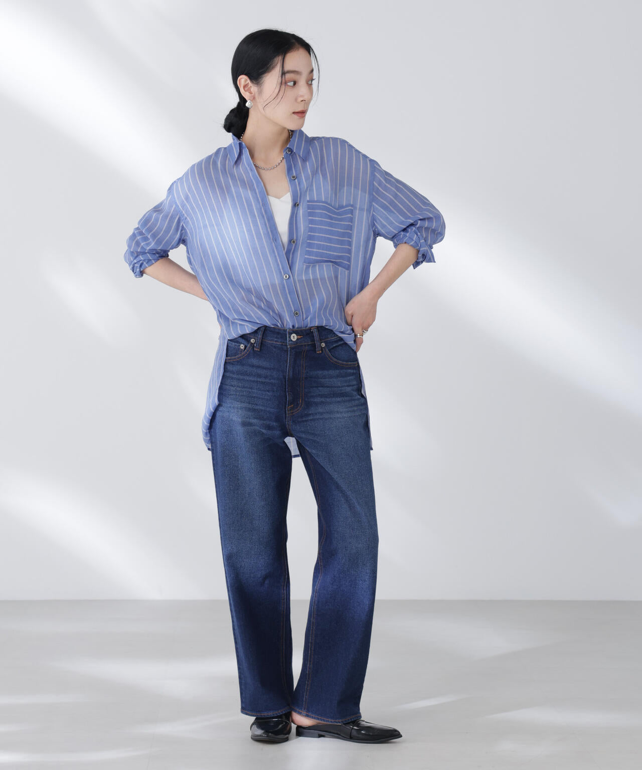 シアーストライプオーバーサイズロングシャツ(セットアップ可) 6695220300