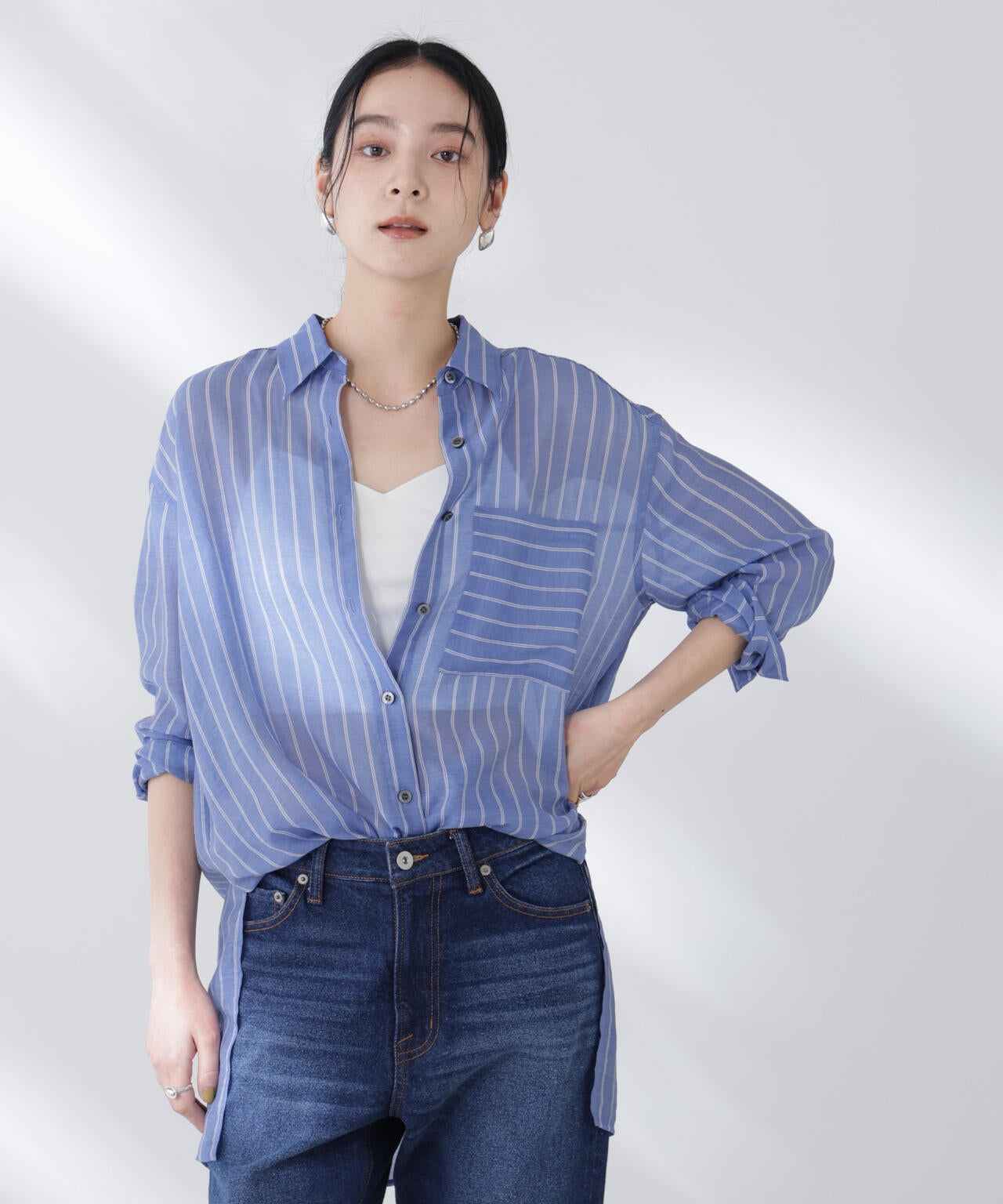 シアーストライプオーバーサイズロングシャツ(セットアップ可) 6695220300