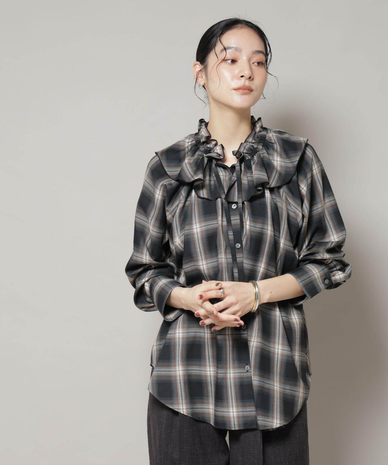 オンブレーチェックフリルカラーブラウス 6695220317