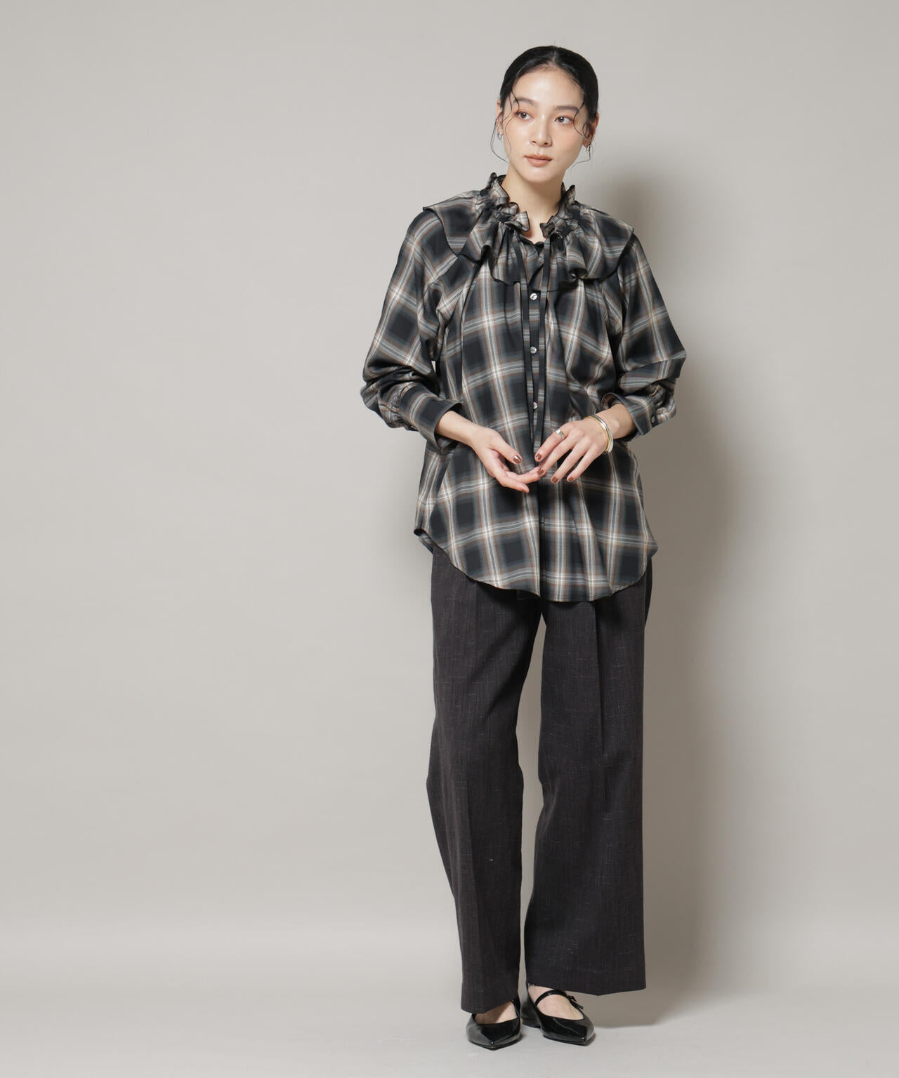 オンブレーチェックフリルカラーブラウス 6695220317