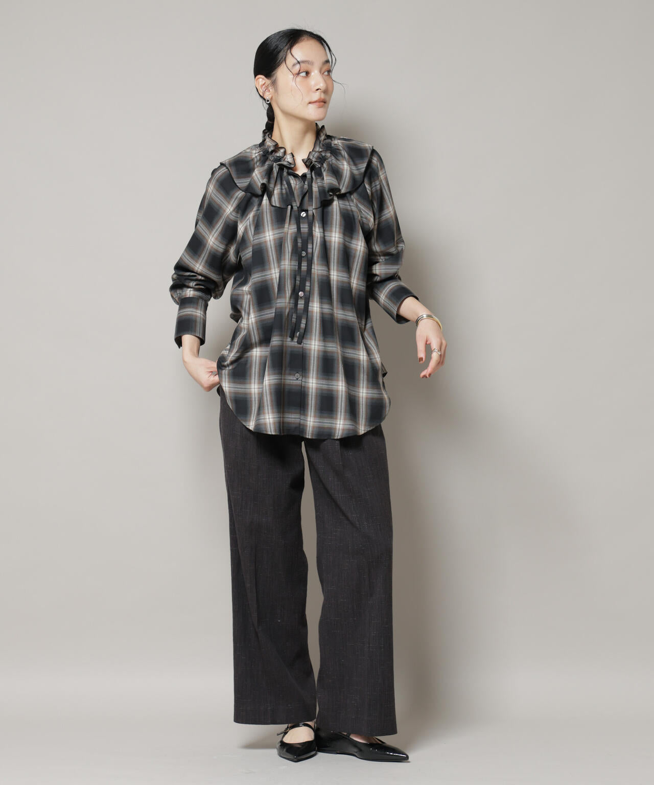 オンブレーチェックフリルカラーブラウス 6695220317