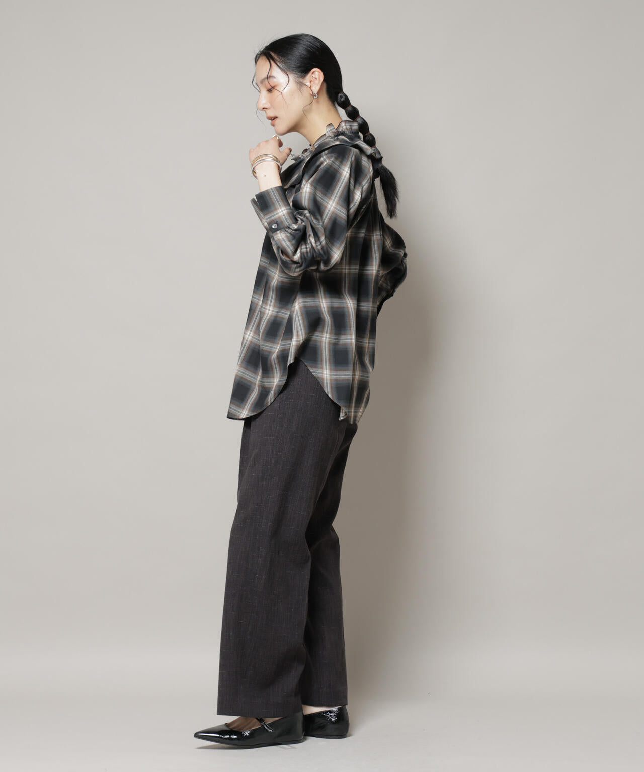 オンブレーチェックフリルカラーブラウス 6695220317