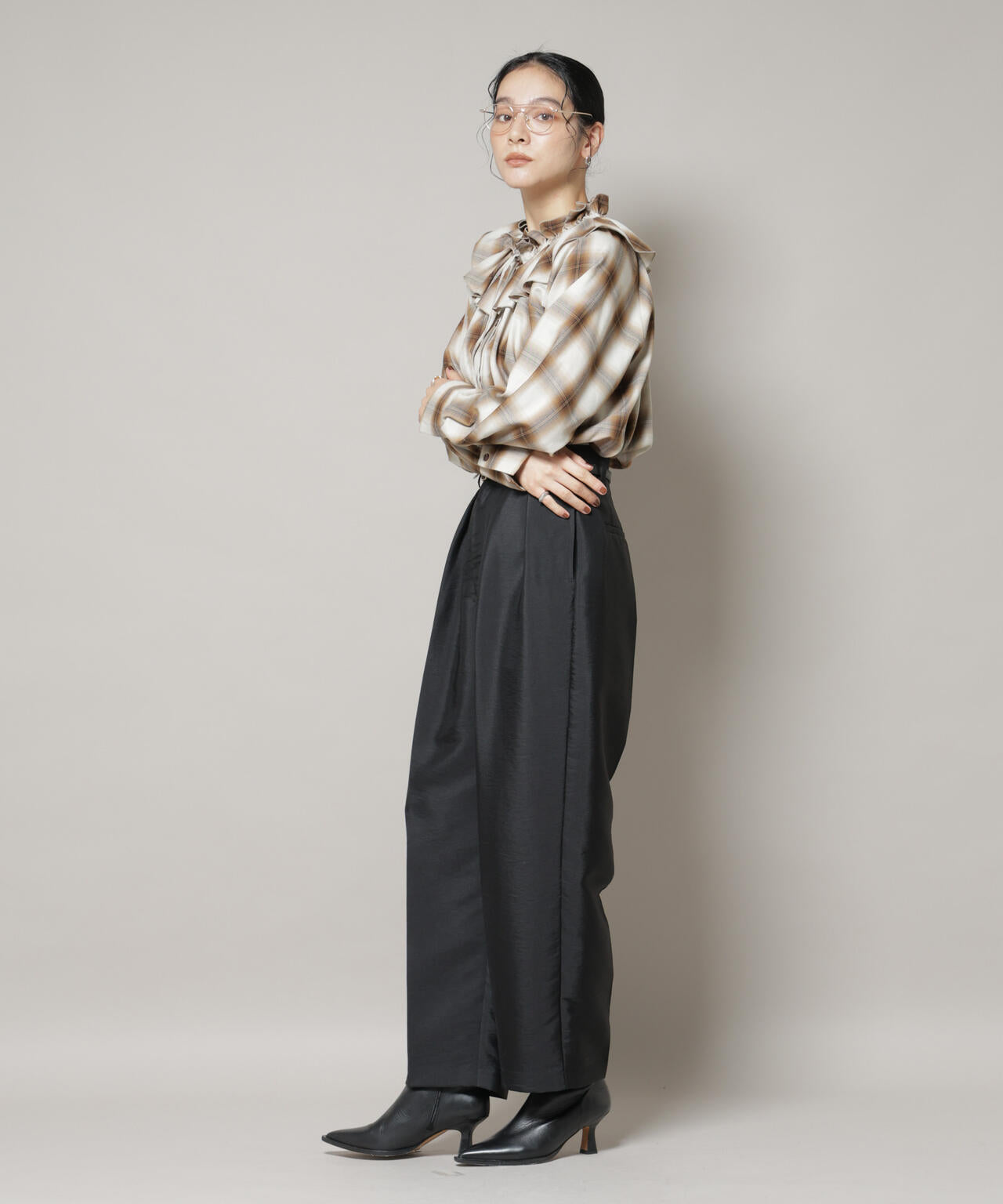 オンブレーチェックフリルカラーブラウス 6695220317