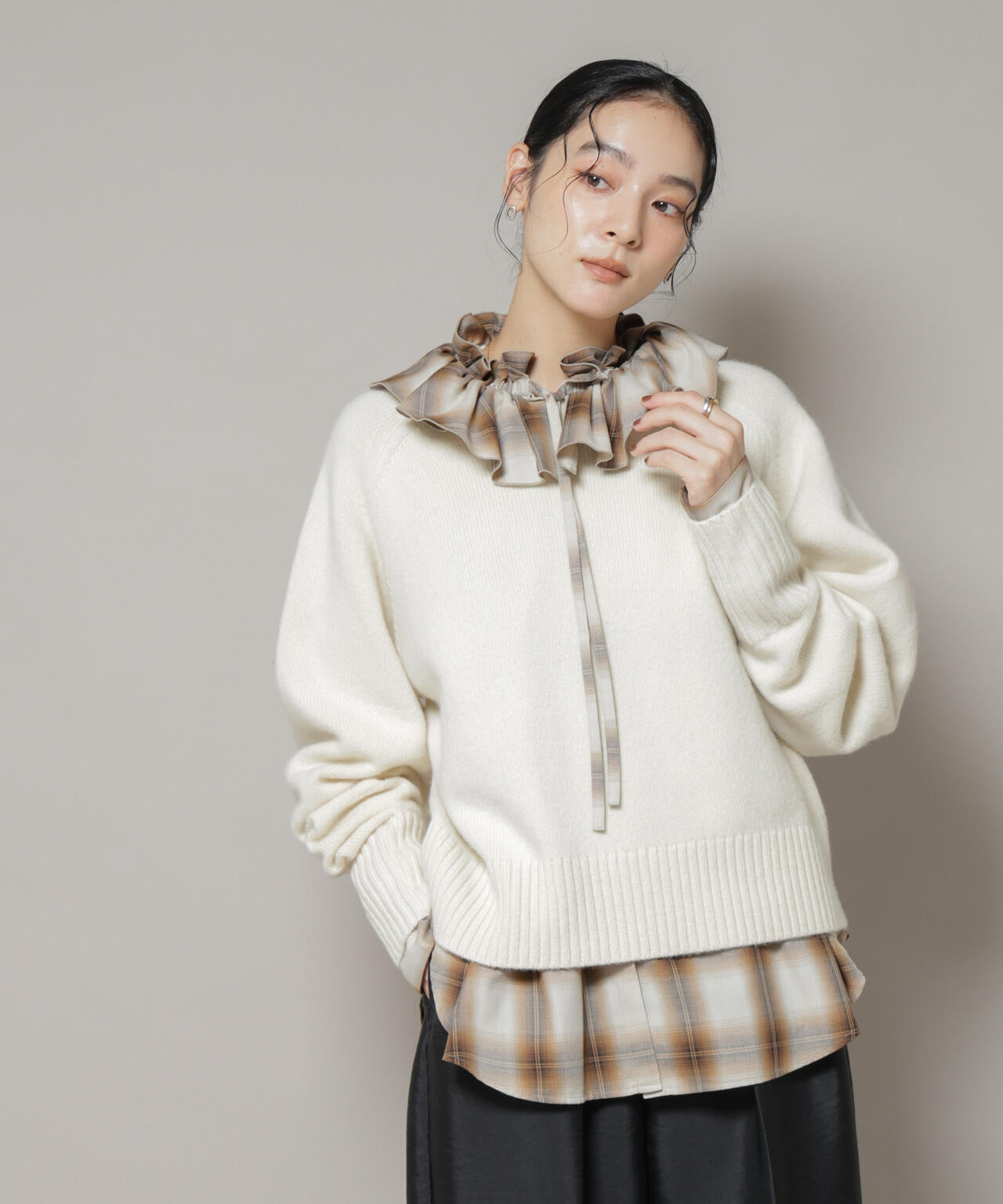 オンブレーチェックフリルカラーブラウス 6695220317