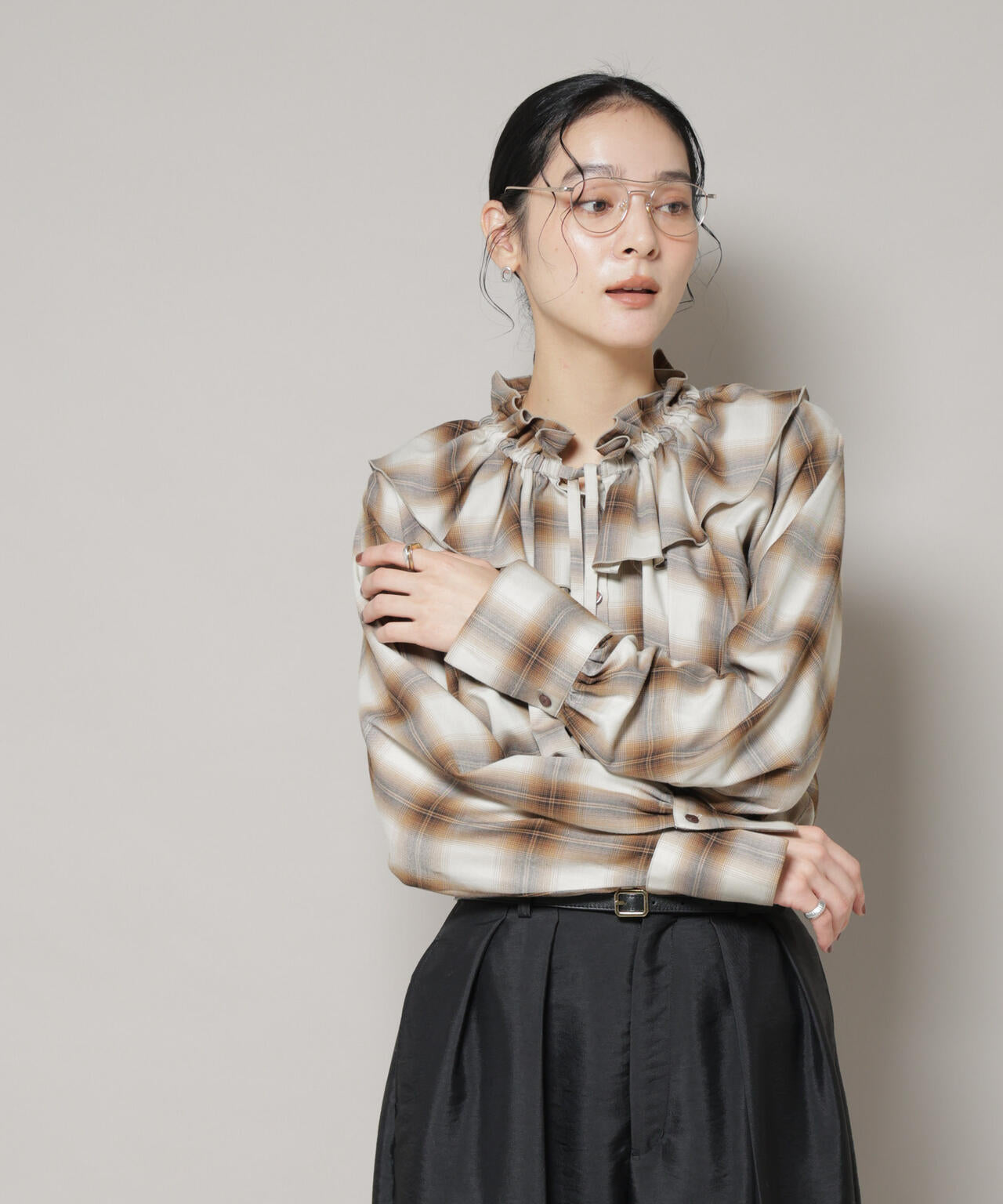 オンブレーチェックフリルカラーブラウス 6695220317