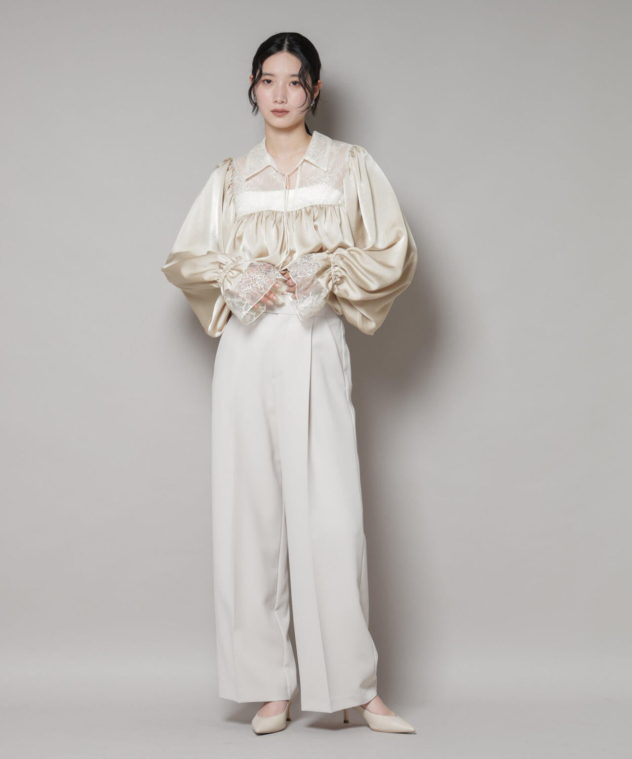 レースコンビギャザーブラウス 6695220318