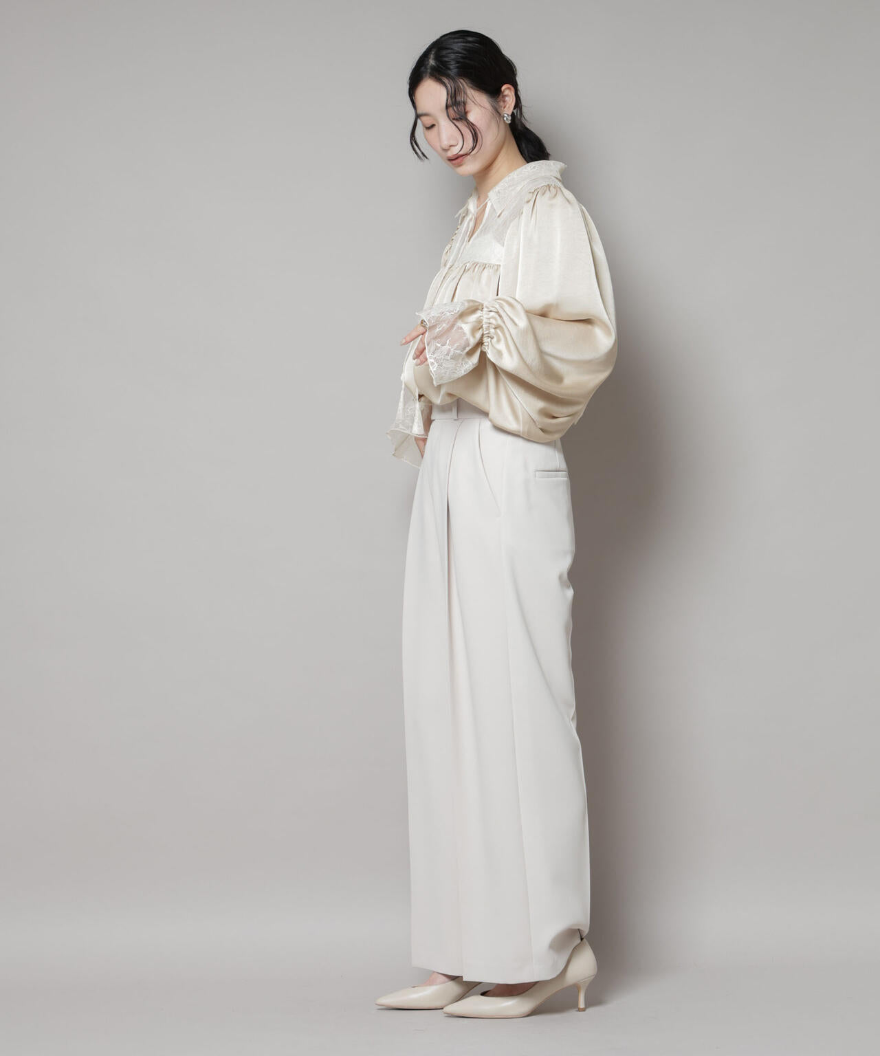 レースコンビギャザーブラウス 6695220318