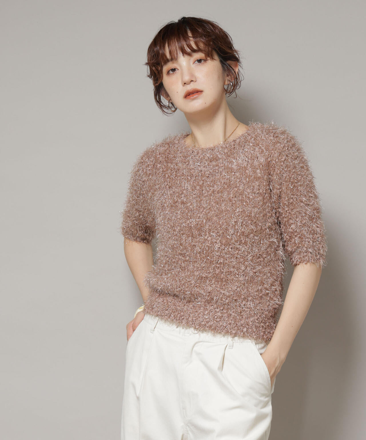 シャギーラメコンパクト半袖ニット 6695222320