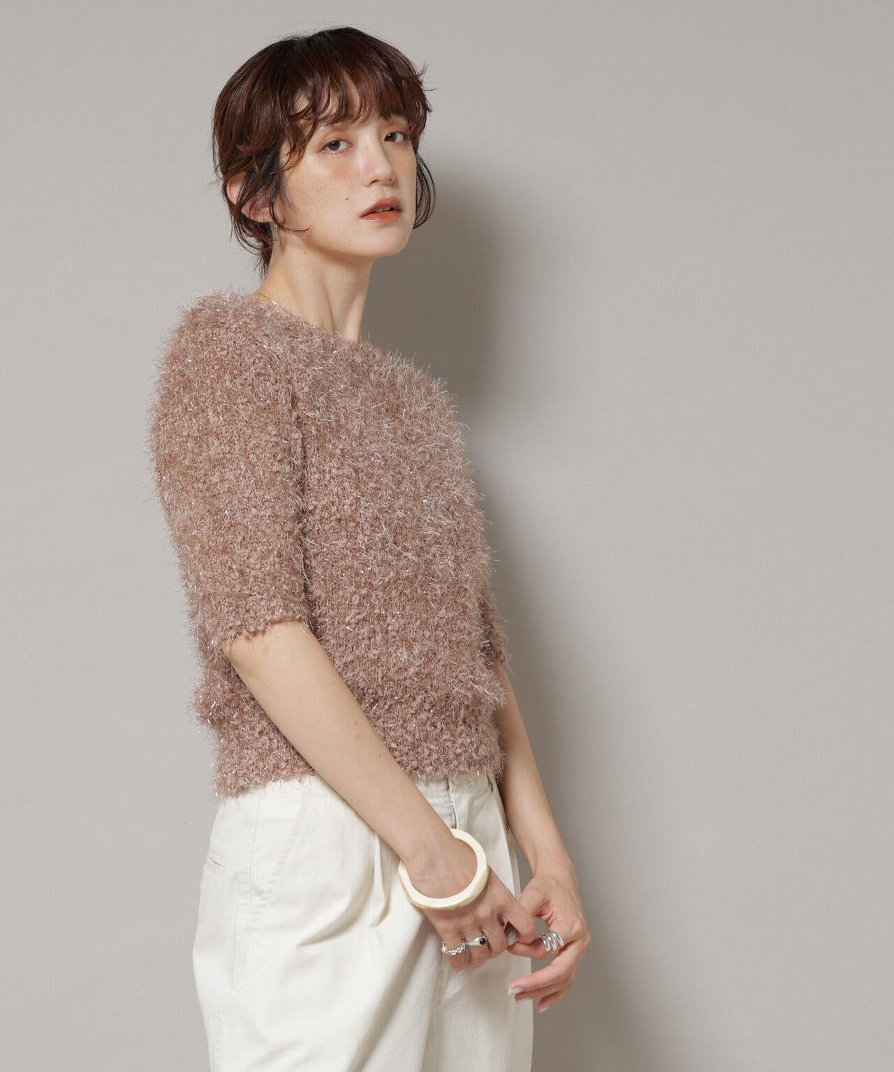 シャギーラメコンパクト半袖ニット 6695222320