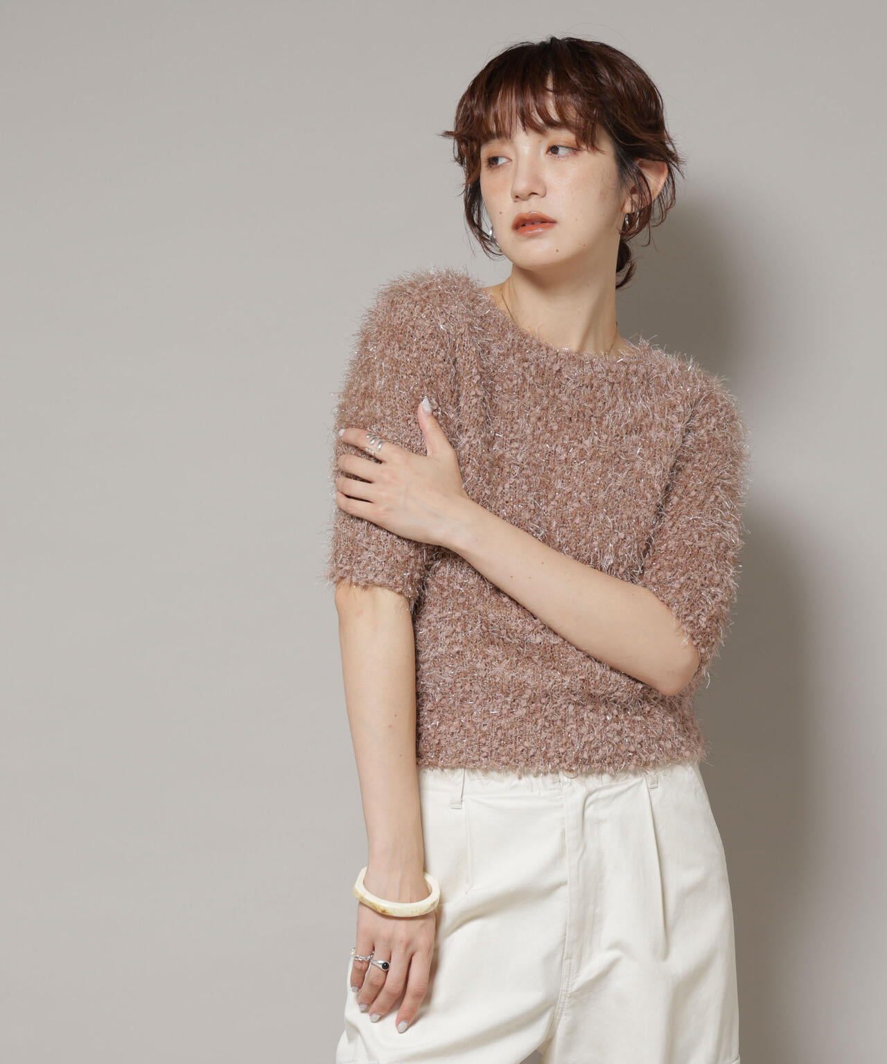 シャギーラメコンパクト半袖ニット 6695222320