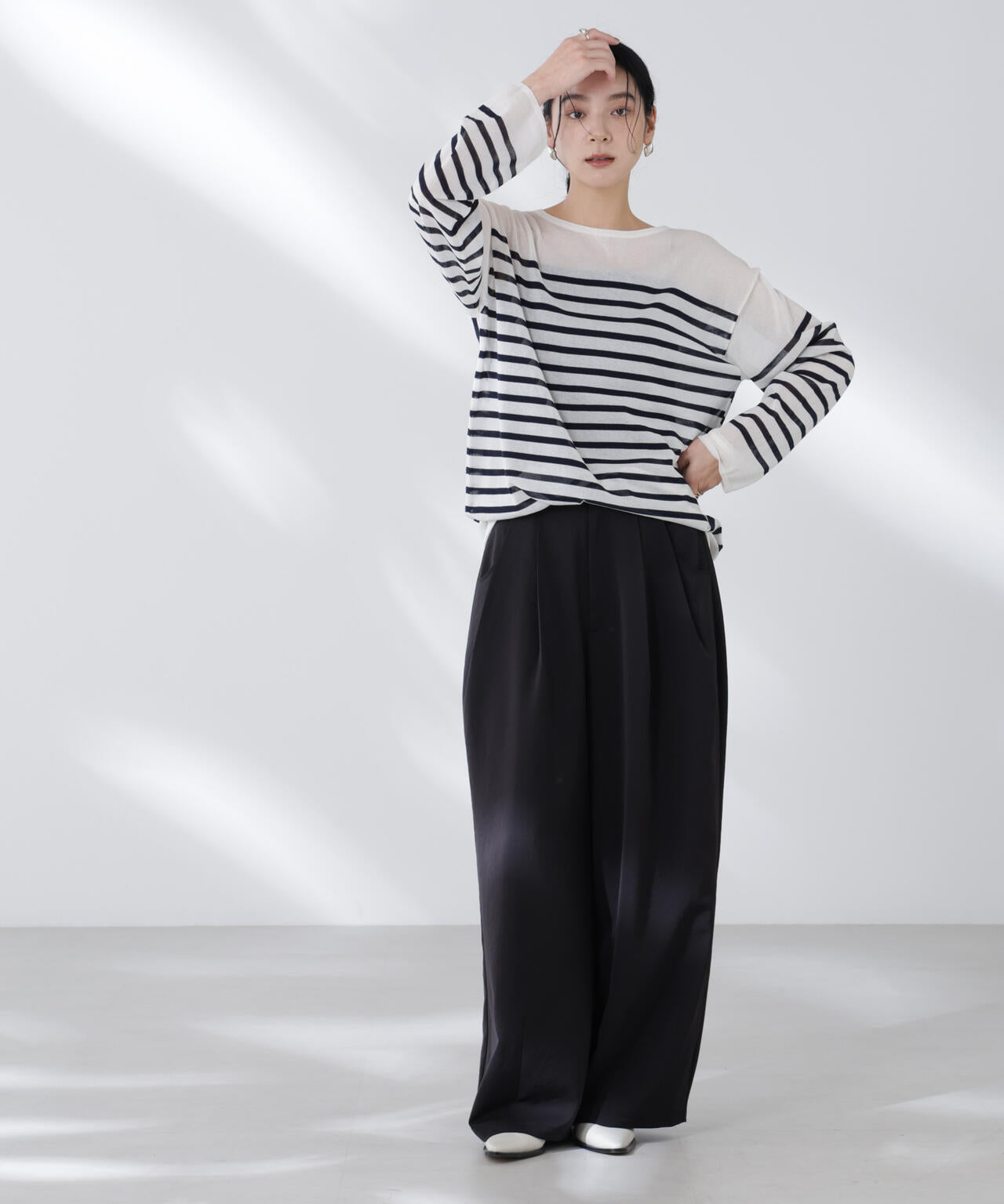 コットンナイロンシアーボーダーニットトップス 6695222322