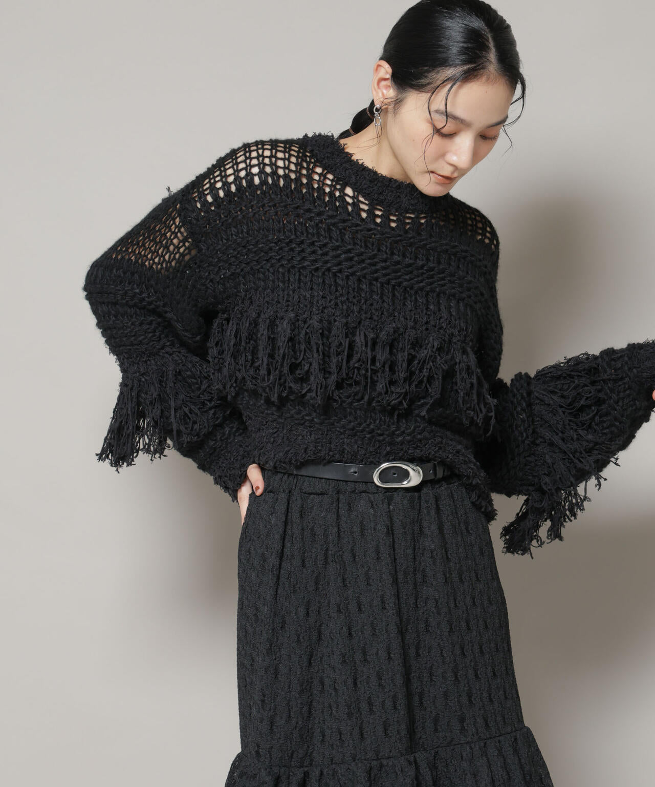 異素材ボーダーフリンジニットプルオーバー 6695222326