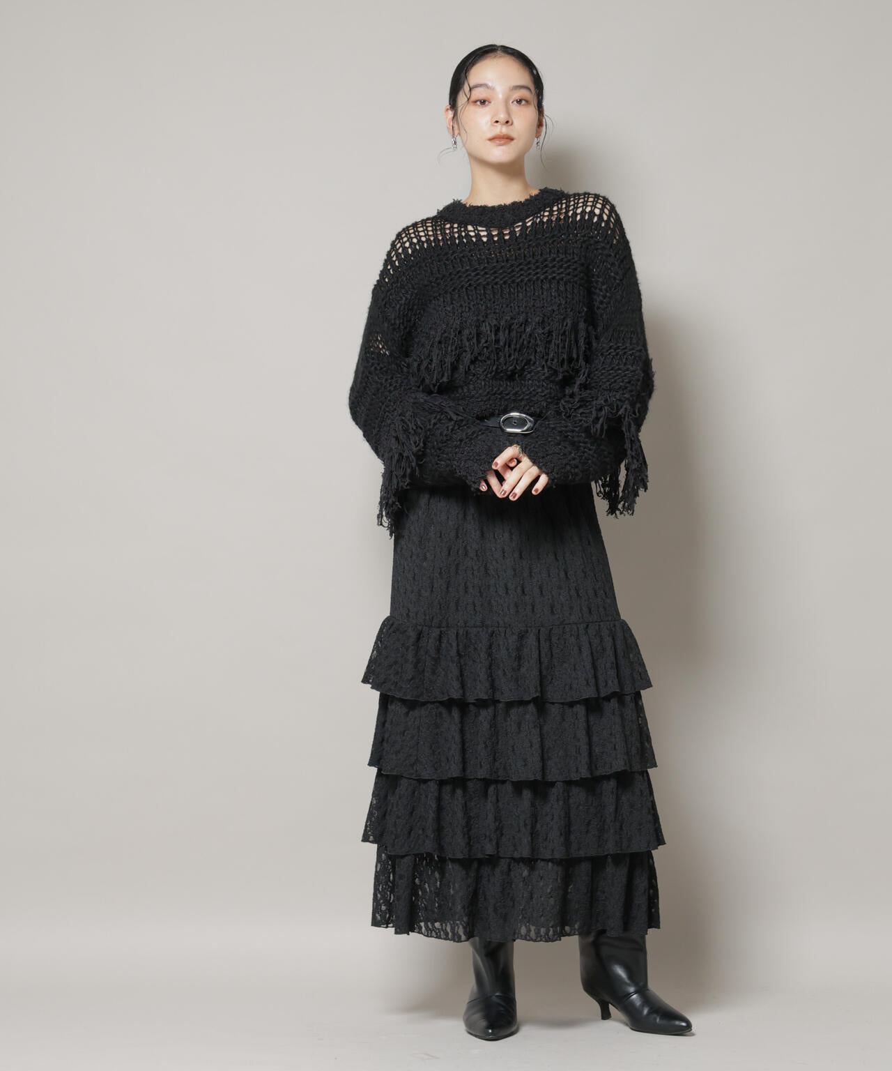 異素材ボーダーフリンジニットプルオーバー 6695222326