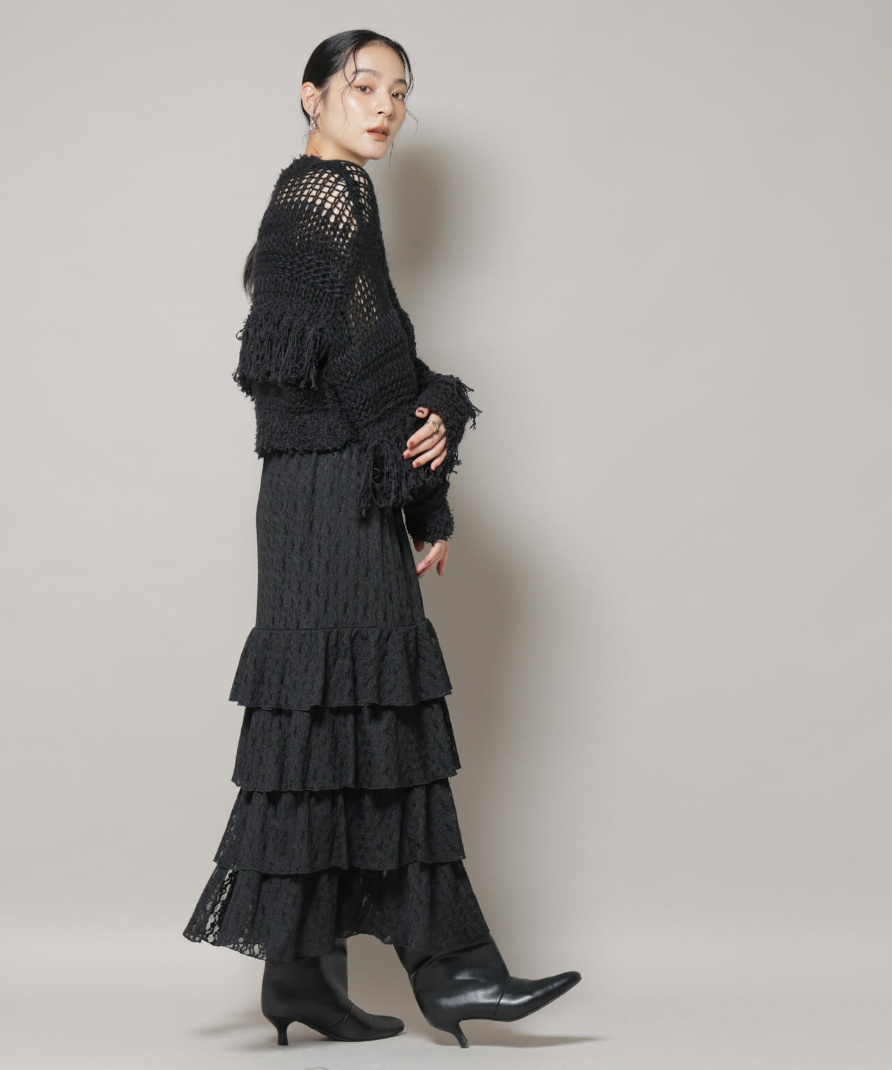 異素材ボーダーフリンジニットプルオーバー 6695222326