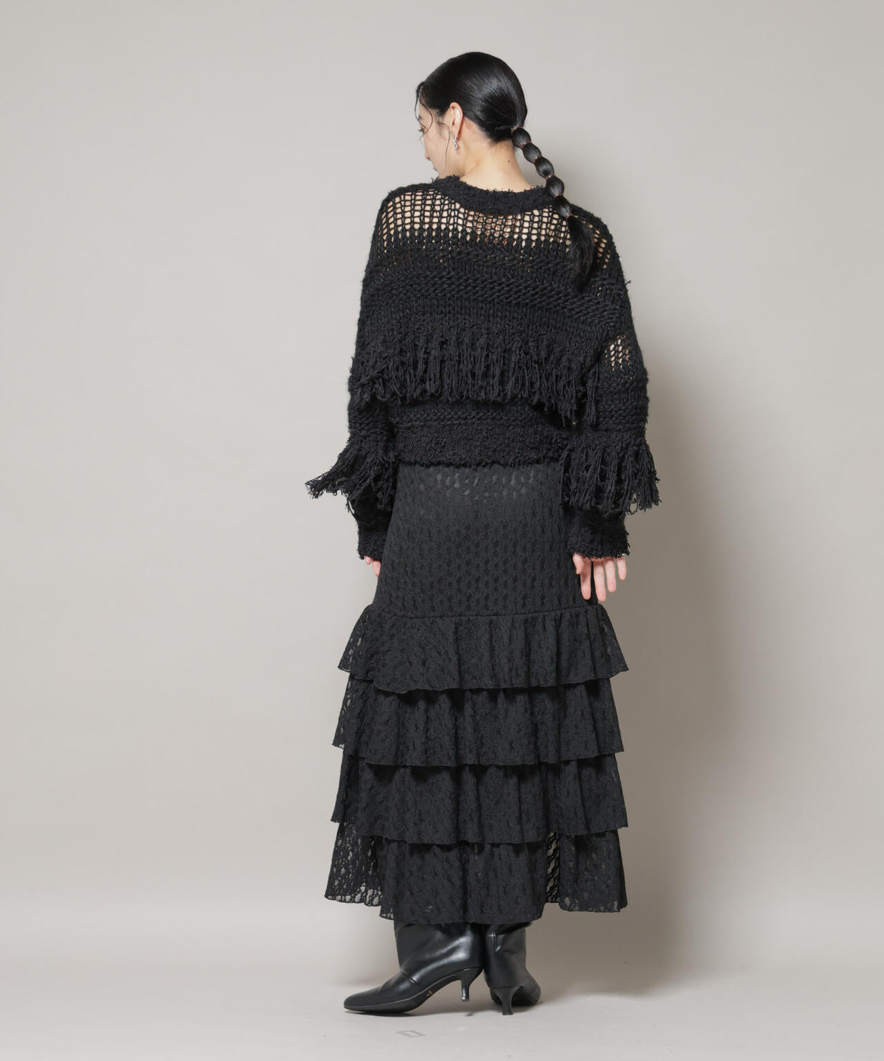 異素材ボーダーフリンジニットプルオーバー 6695222326