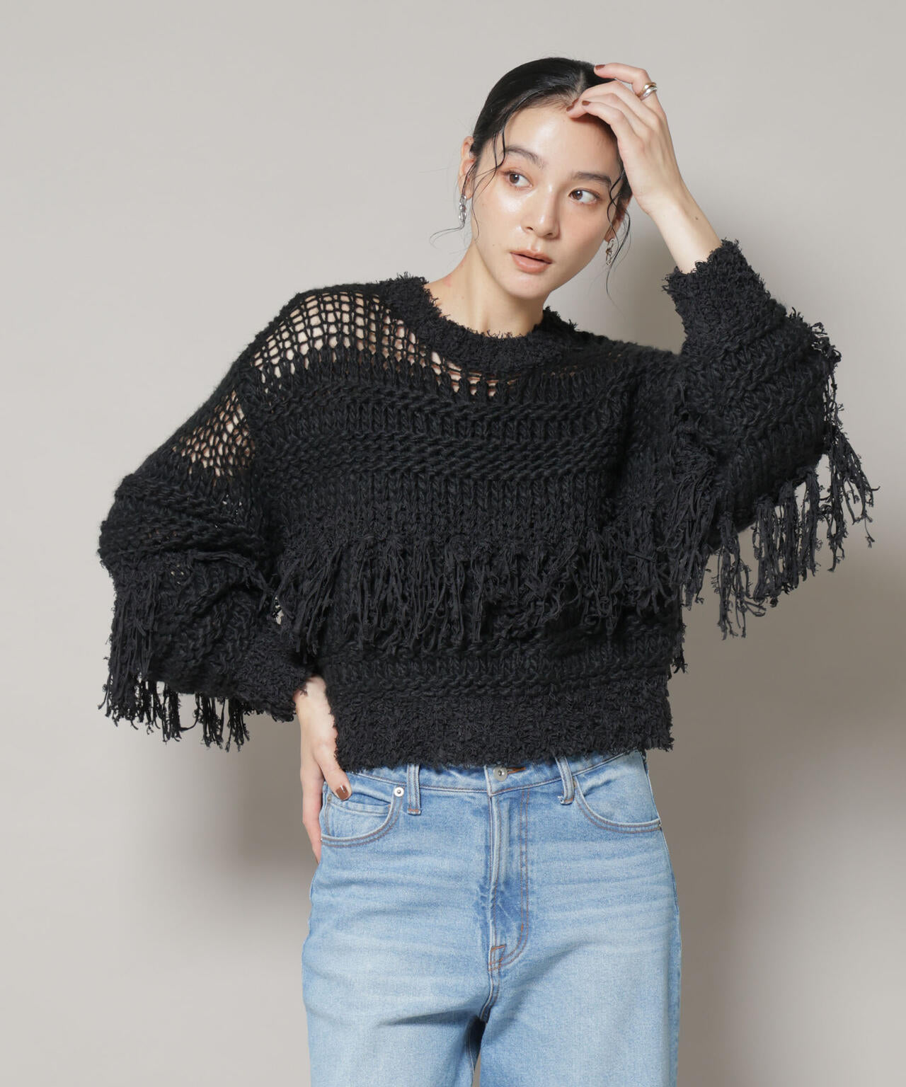 異素材ボーダーフリンジニットプルオーバー 6695222326