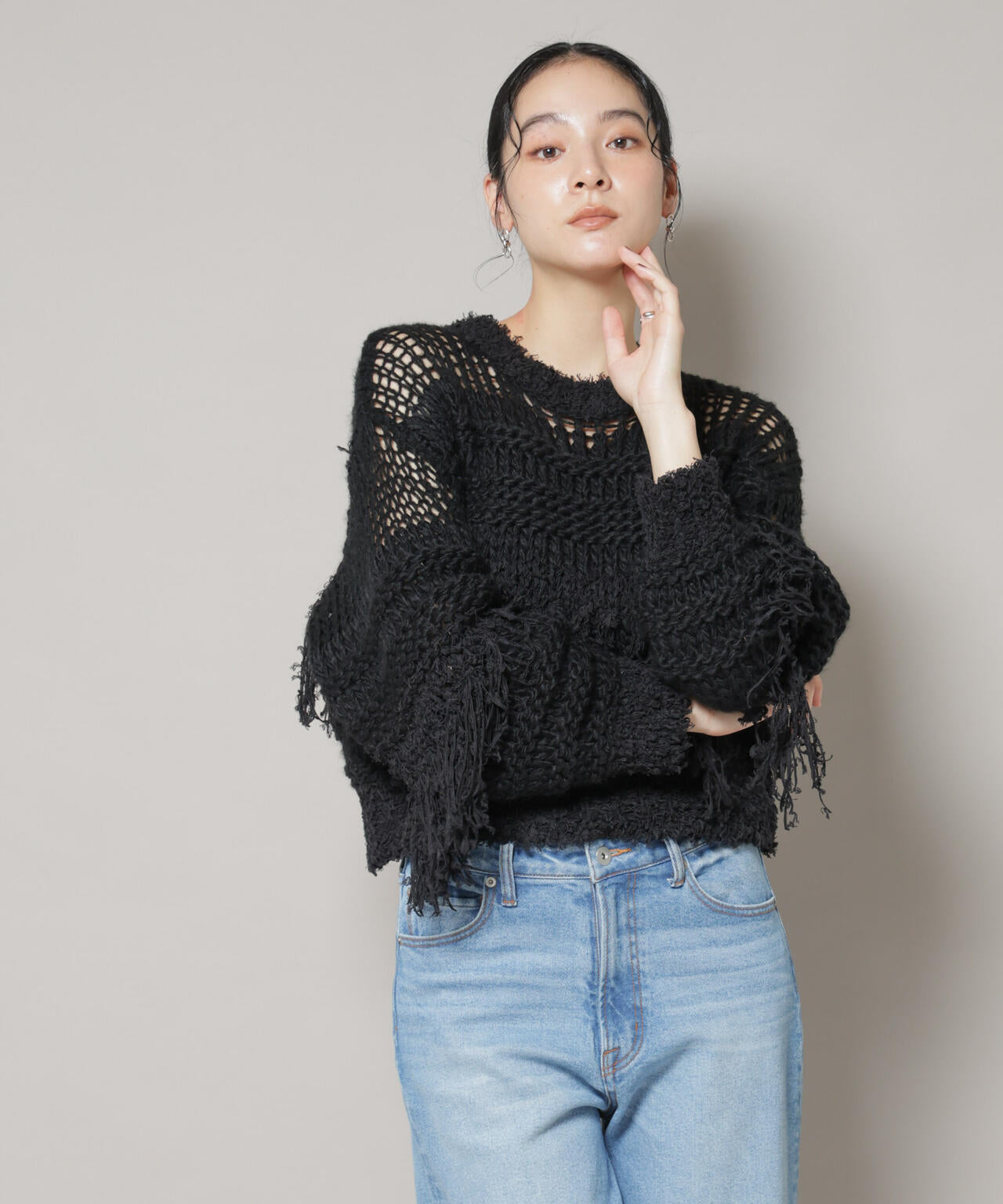 異素材ボーダーフリンジニットプルオーバー 6695222326