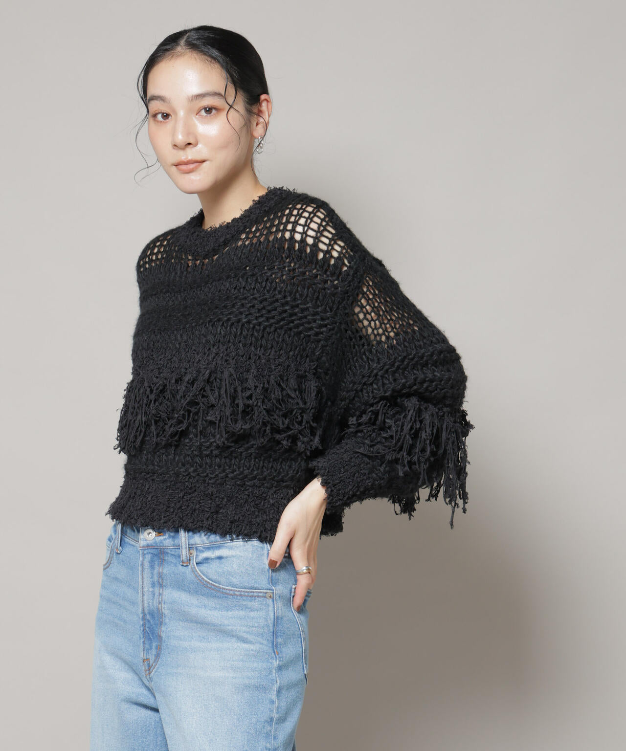 異素材ボーダーフリンジニットプルオーバー 6695222326