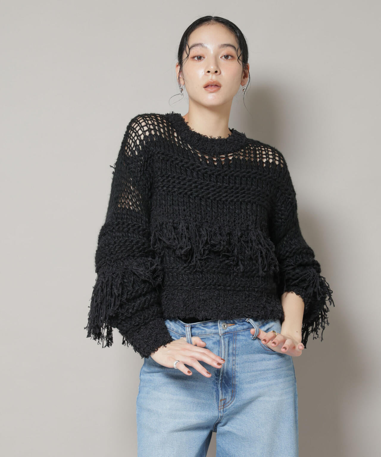 異素材ボーダーフリンジニットプルオーバー 6695222326