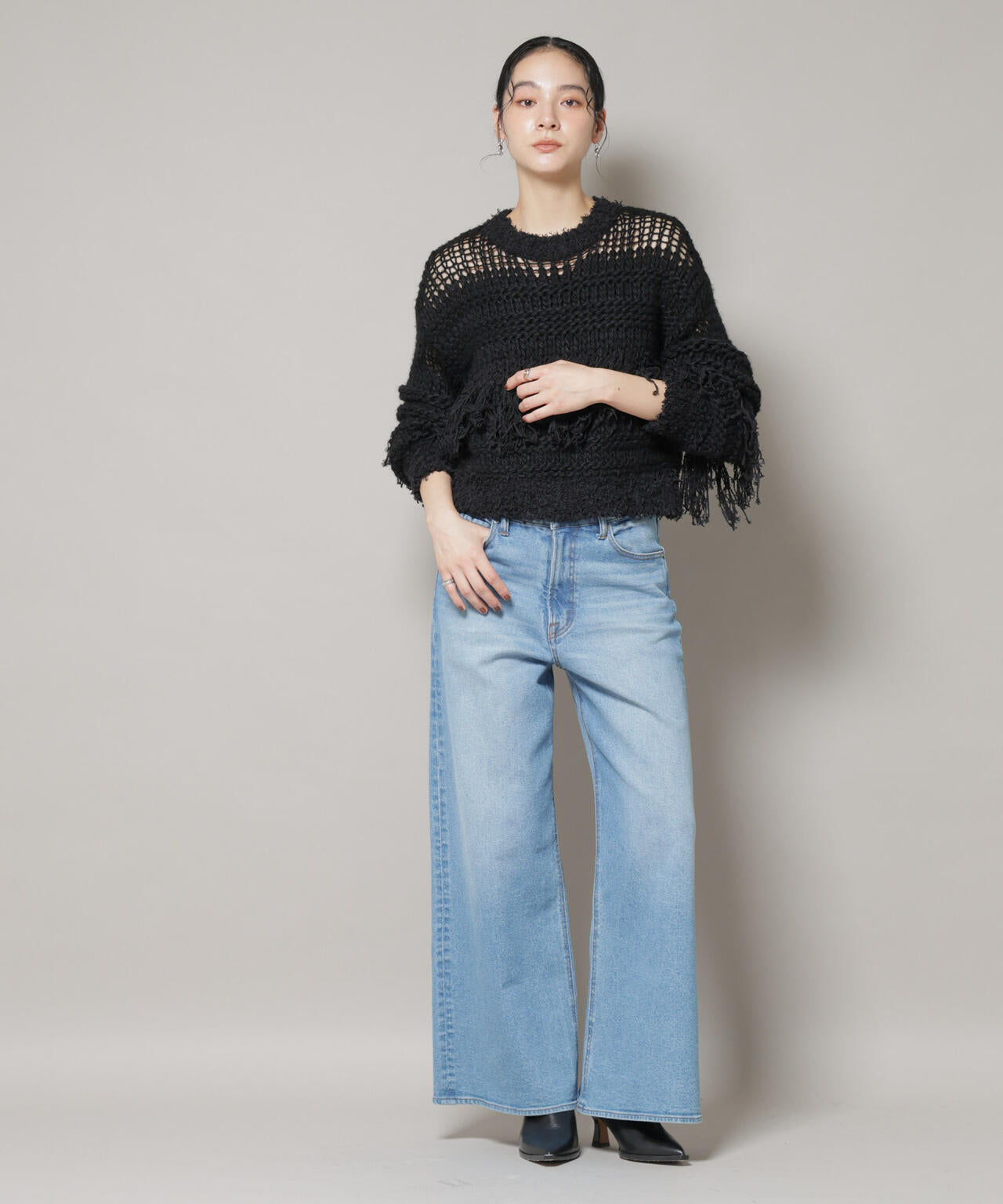 異素材ボーダーフリンジニットプルオーバー 6695222326