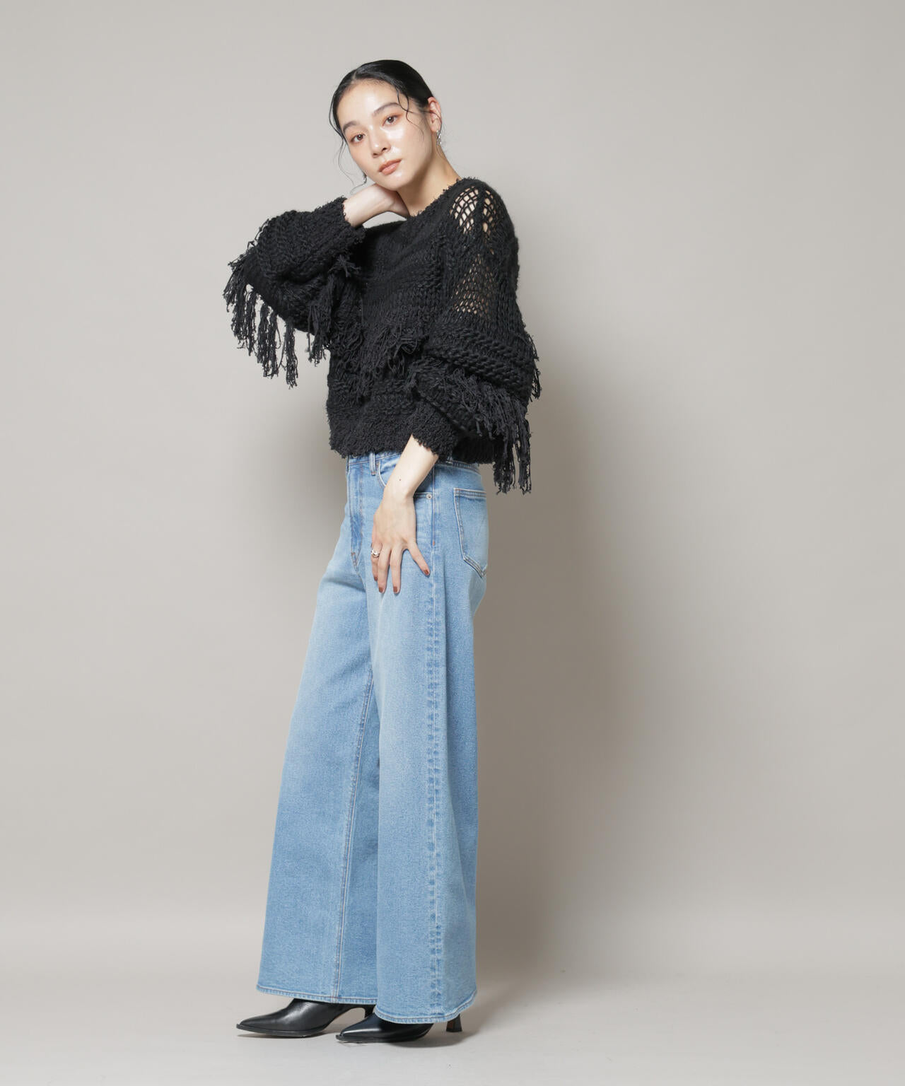 異素材ボーダーフリンジニットプルオーバー 6695222326