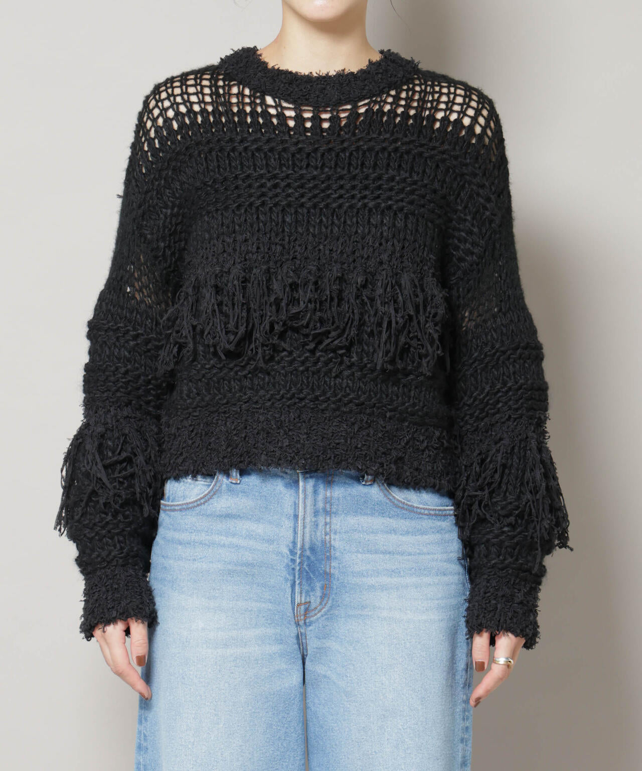 異素材ボーダーフリンジニットプルオーバー 6695222326