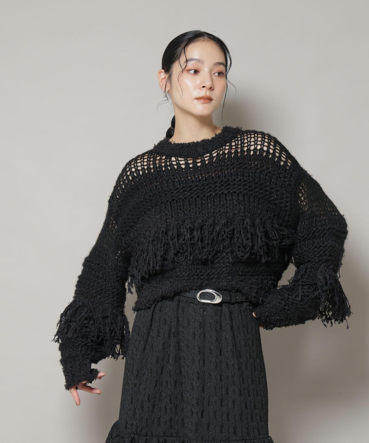 異素材ボーダーフリンジニットプルオーバー 6695222326