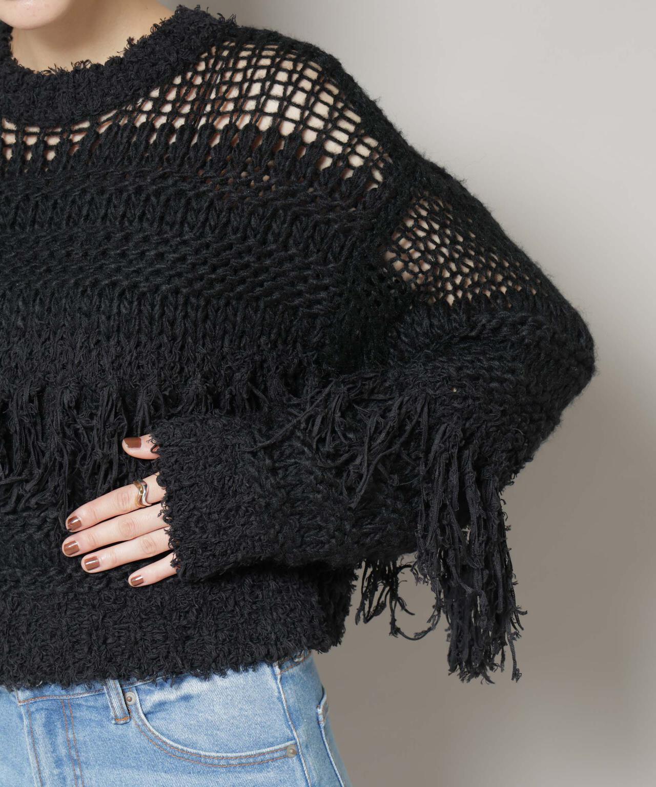 異素材ボーダーフリンジニットプルオーバー 6695222326