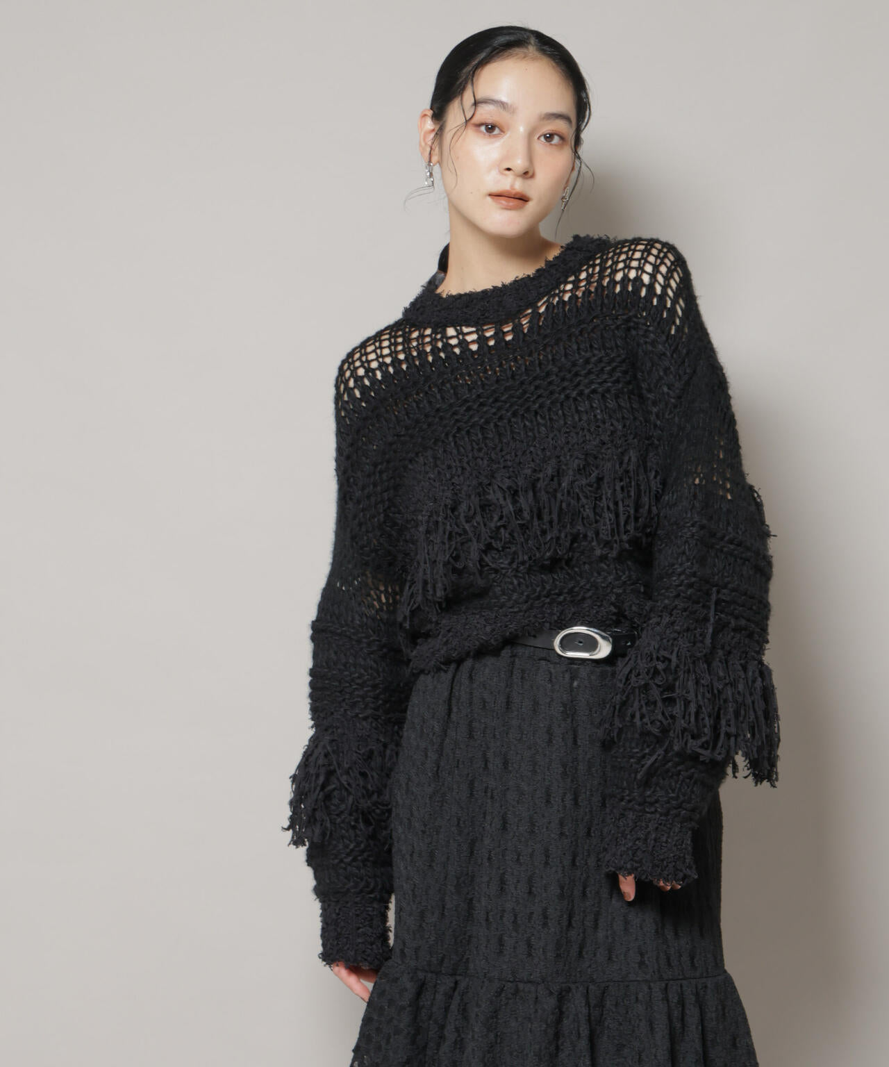 異素材ボーダーフリンジニットプルオーバー 6695222326