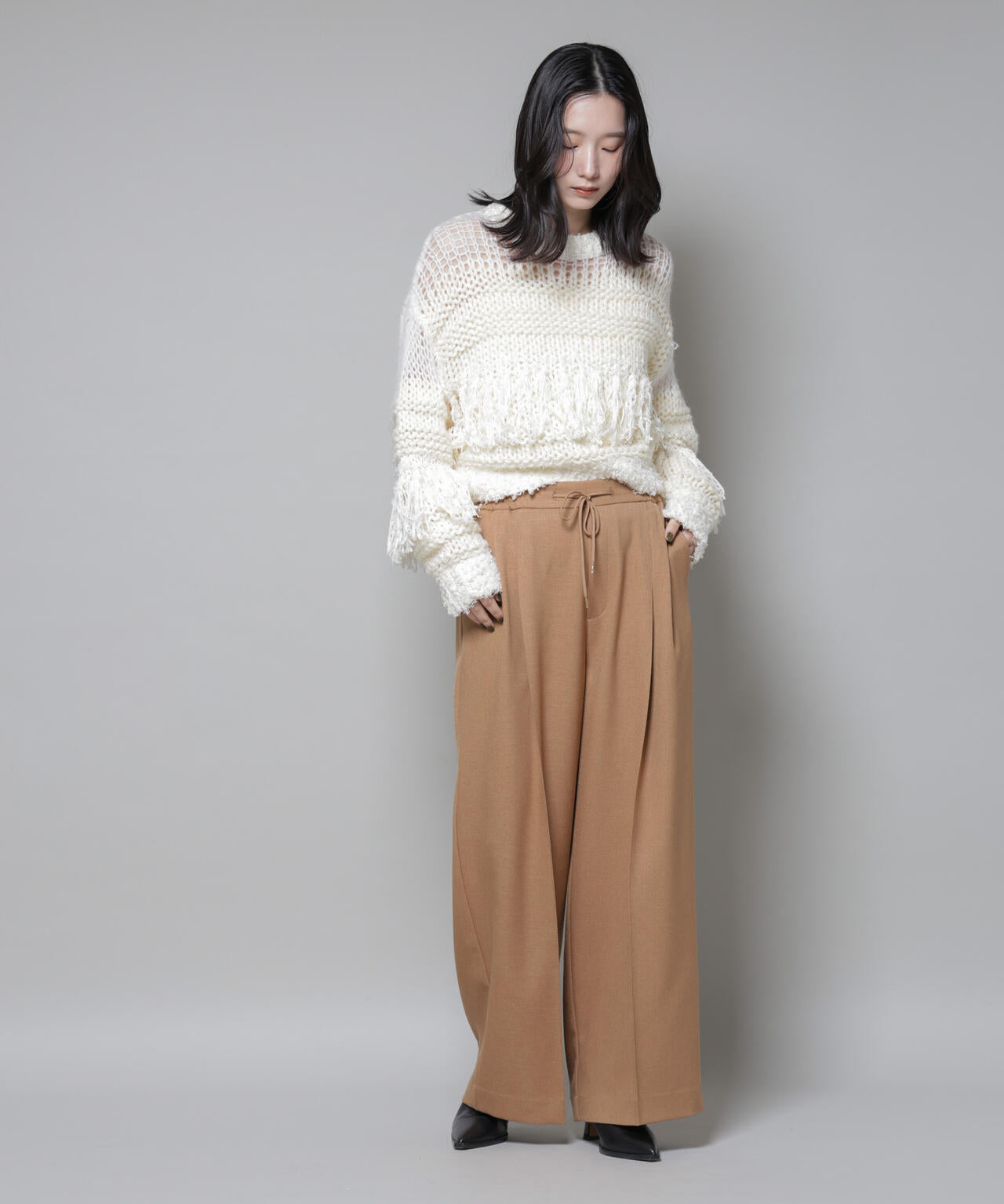 異素材ボーダーフリンジニットプルオーバー 6695222326