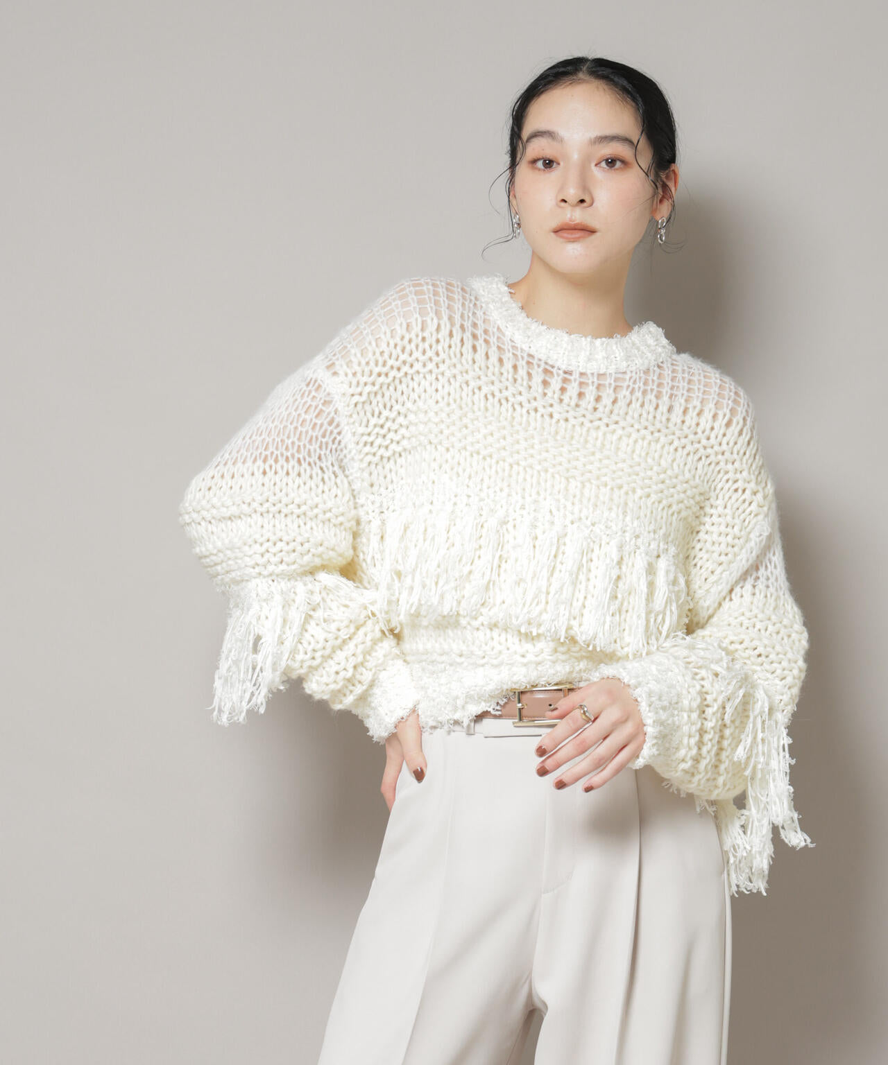 異素材ボーダーフリンジニットプルオーバー 6695222326