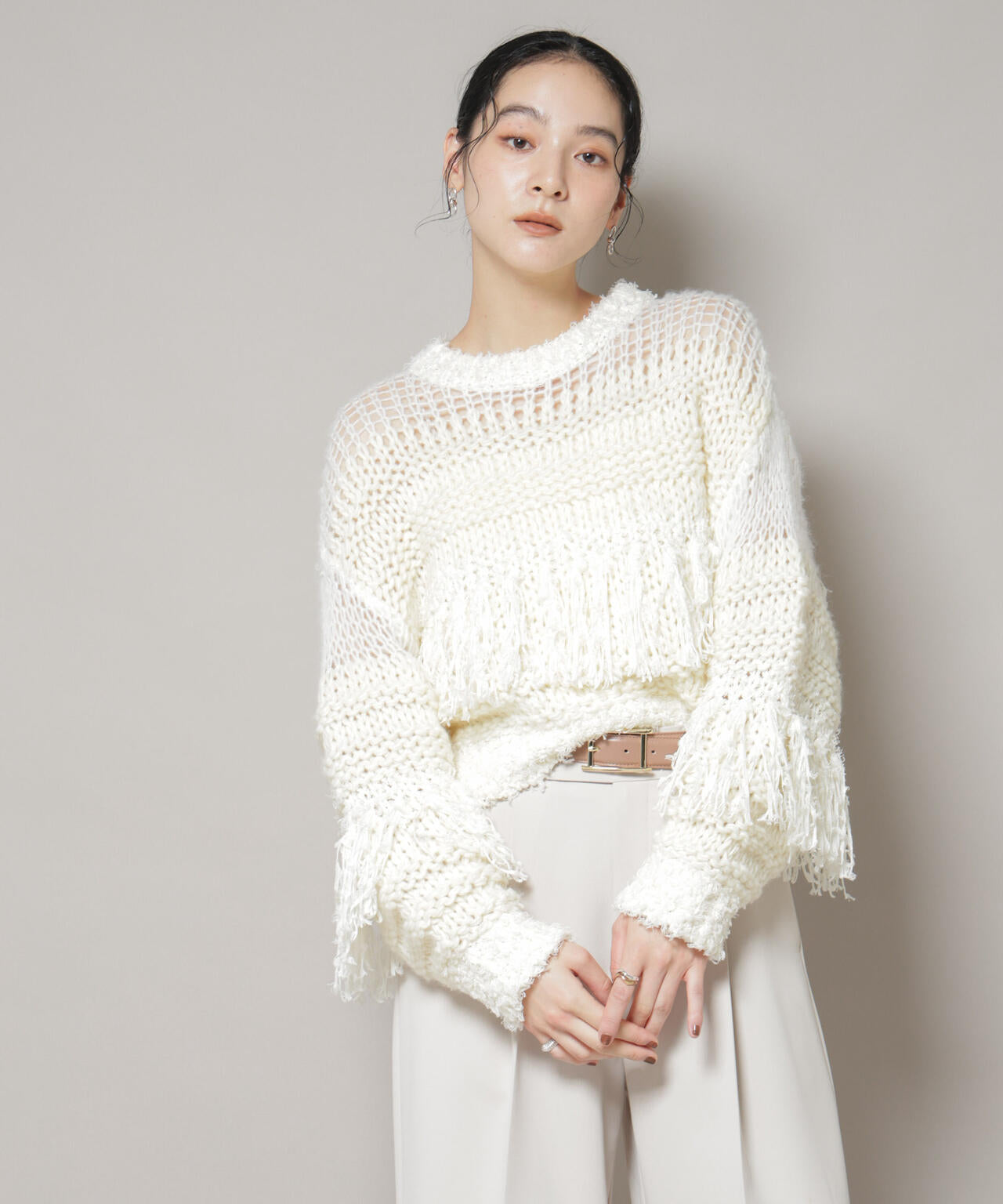 異素材ボーダーフリンジニットプルオーバー 6695222326